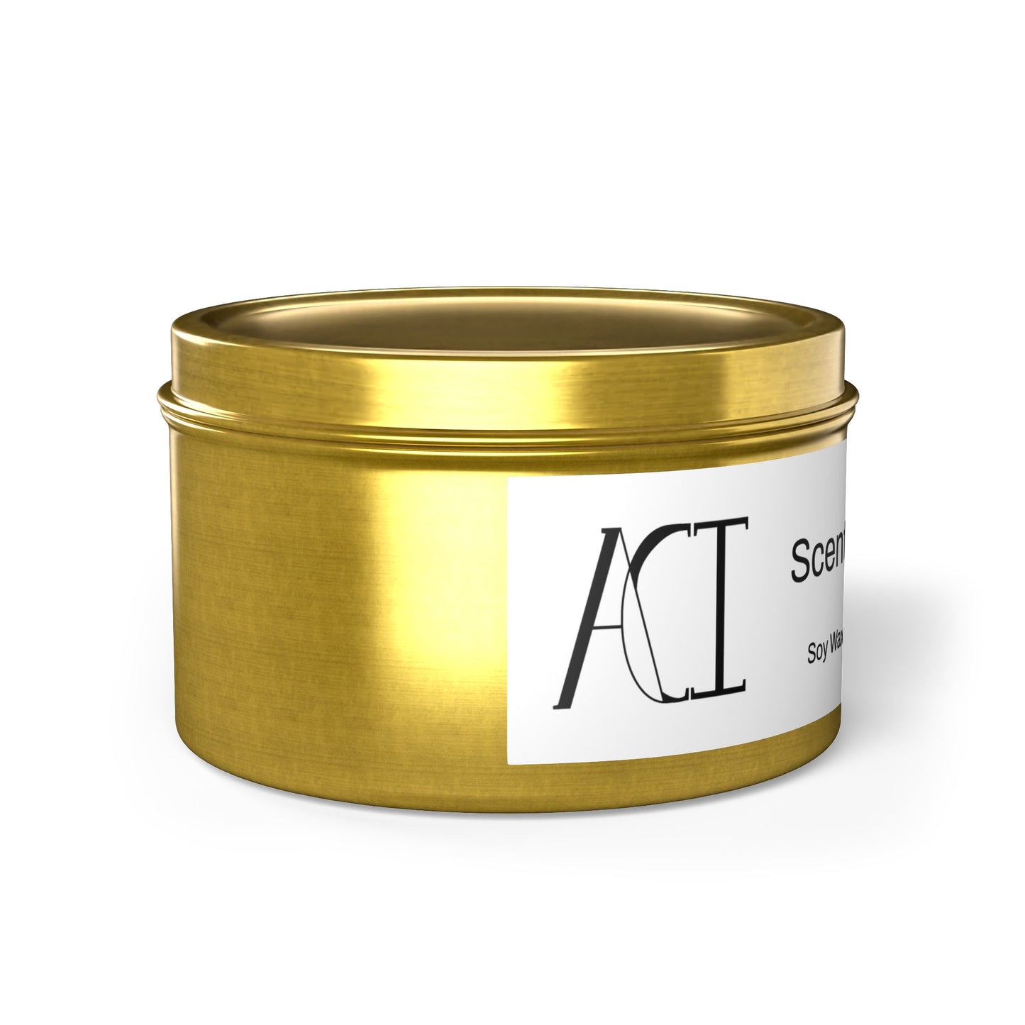 The scent is Evergreen. This is a candle in a 8 oz gold tin which has the ACI logo on the white label of ingredients in black. This showcases a left side image with the top on. 