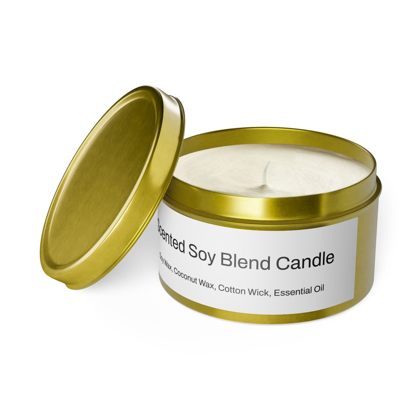 The scent is Evergreen. This is a candle in a 8 oz gold tin. There is a white label for the scented soy blend that lists the ingredients as soy wax, coconut wax, cotton wick and essential oils. This showcases the candle with the top off and the wick in the middle. There is no added color for the wax.