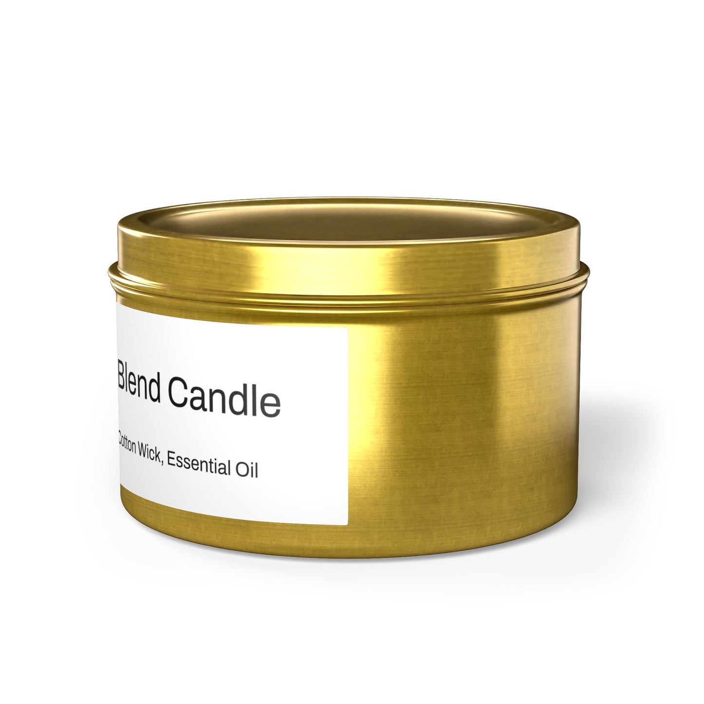 The scent is Evergreen. This is a candle in a 8 oz gold tin. There is a white label for the scented soy blend that lists the ingredients as soy wax, coconut wax, cotton wick and essential oils. This showcases the right side image with the top on. 