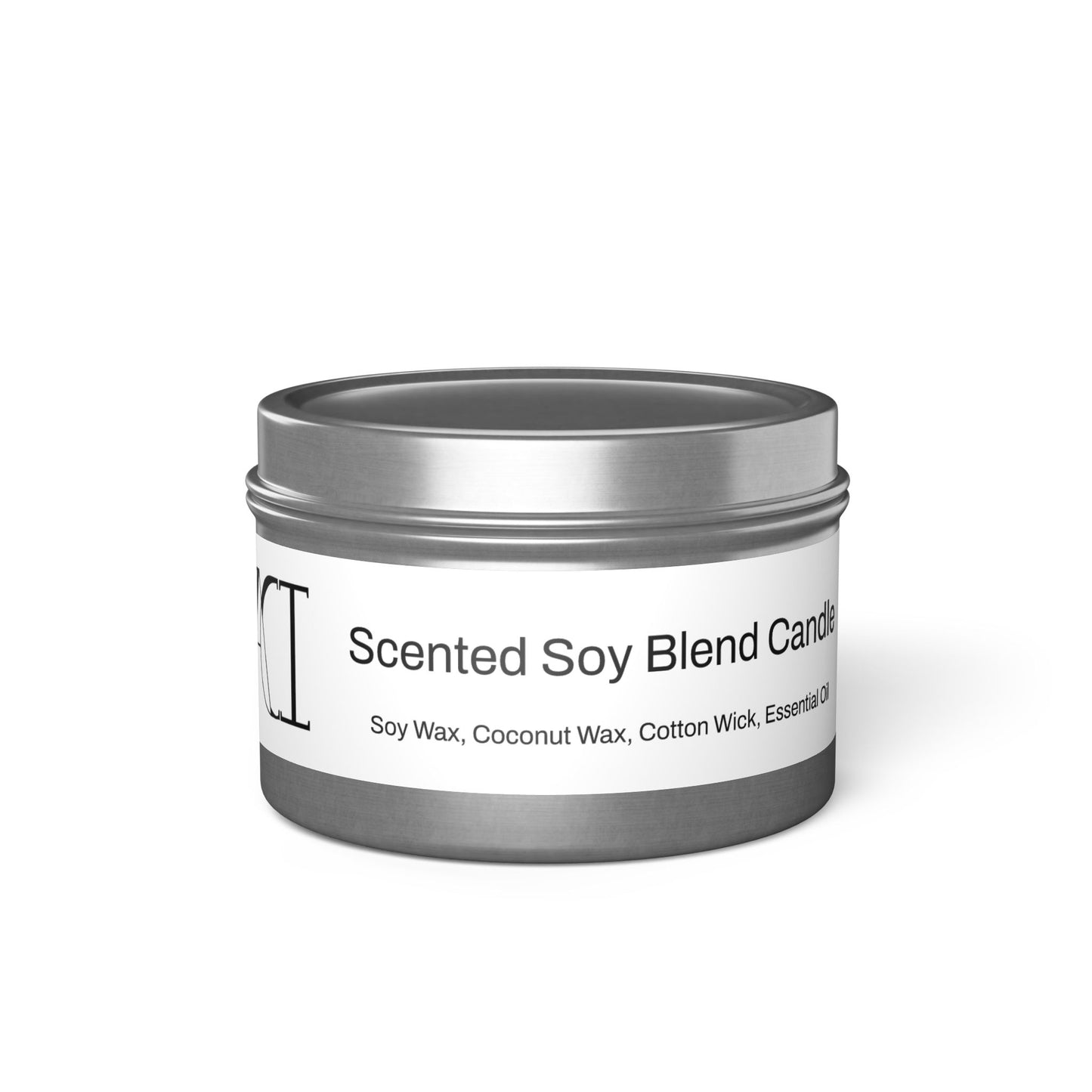 The scent is Evergreen. This is a candle in a 4 oz silver tin. There is a white label for the scented soy blend that lists the ingredients as soy wax, coconut wax, cotton wick and essential oils. This showcases the candle with the top on.