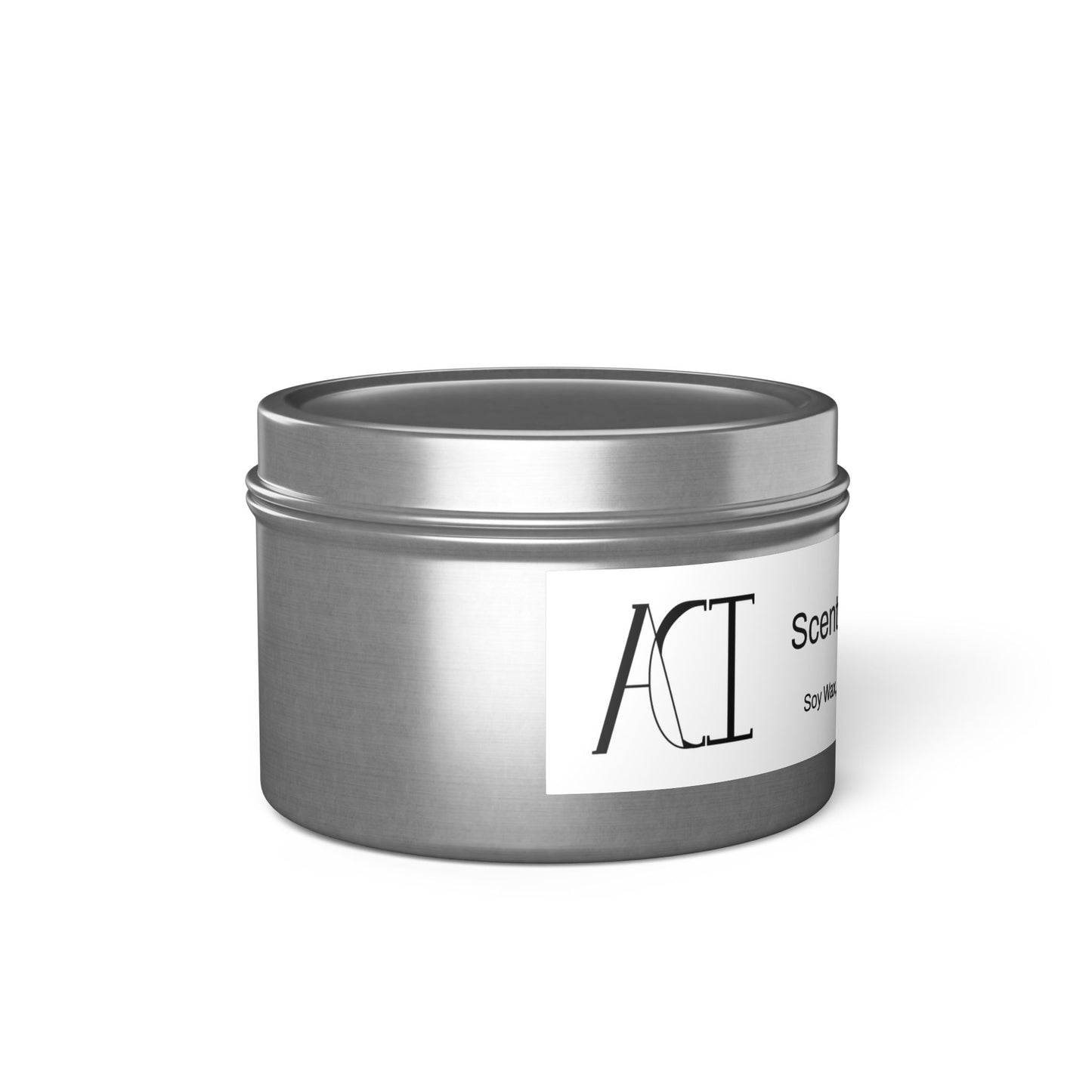 The scent is Evergreen. This is a candle in a 4 oz silver tin which has the ACI logo on the white label of ingredients in black. This showcases a left side image with the top on. 