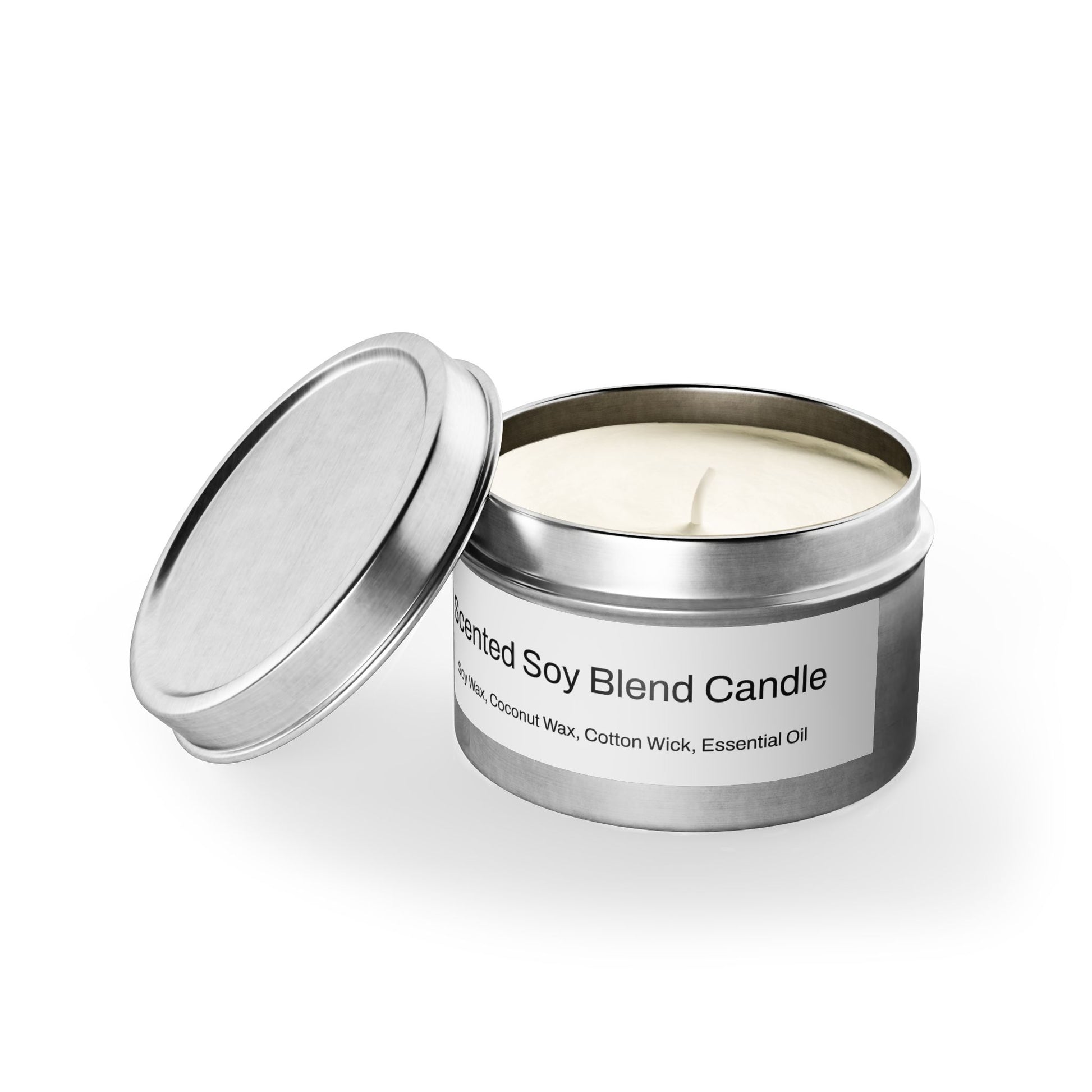 The scent is Evergreen. This is a candle in a 4 oz silver tin. There is a white label for the scented soy blend that lists the ingredients as soy wax, coconut wax, cotton wick and essential oils. This showcases the candle with the top off and the wick in the middle. There is no added color for the wax.