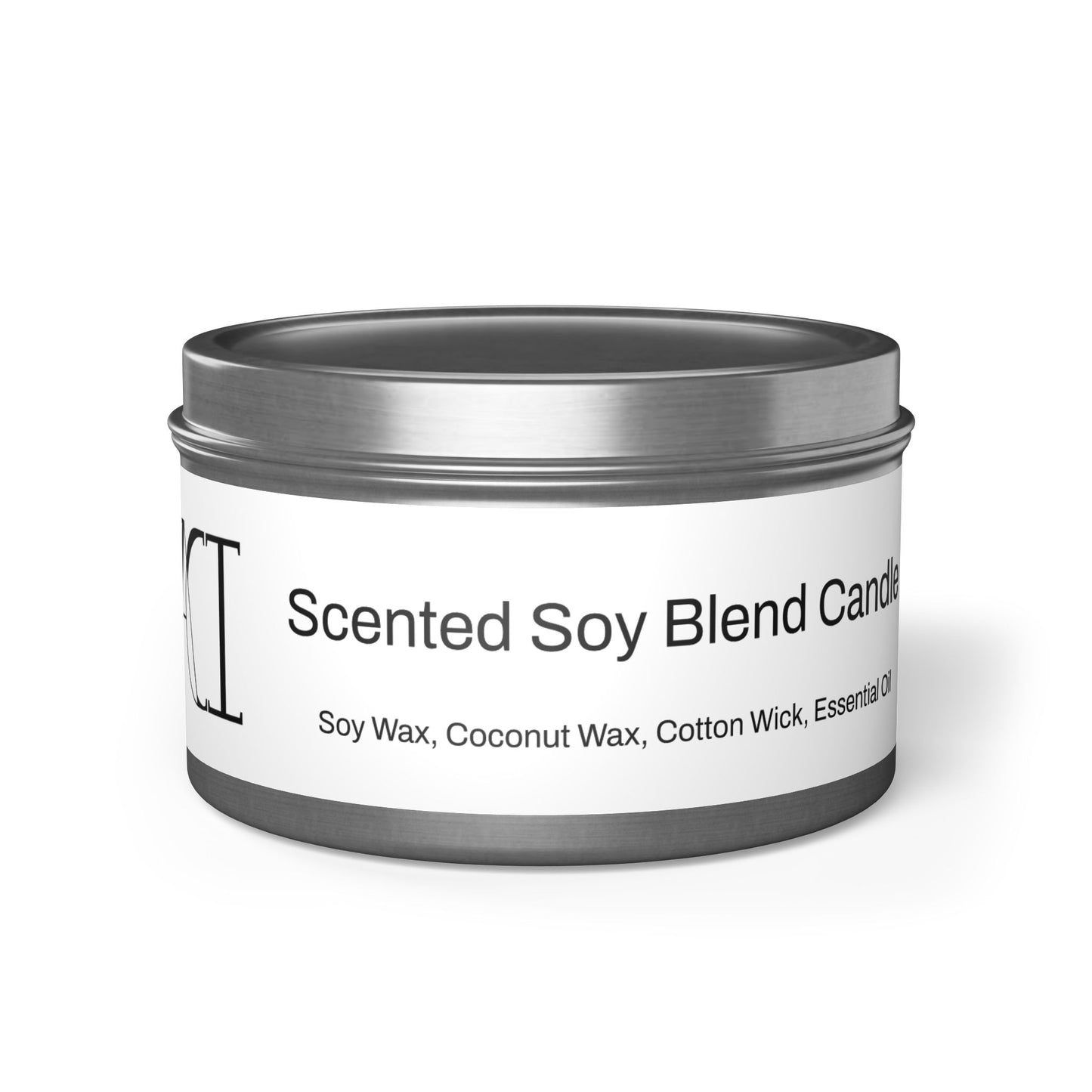 The scent is Evergreen. This is a candle in a 8 oz silver tin. There is a white label for the scented soy blend that lists the ingredients as soy wax, coconut wax, cotton wick and essential oils. This showcases the candle with the top on.