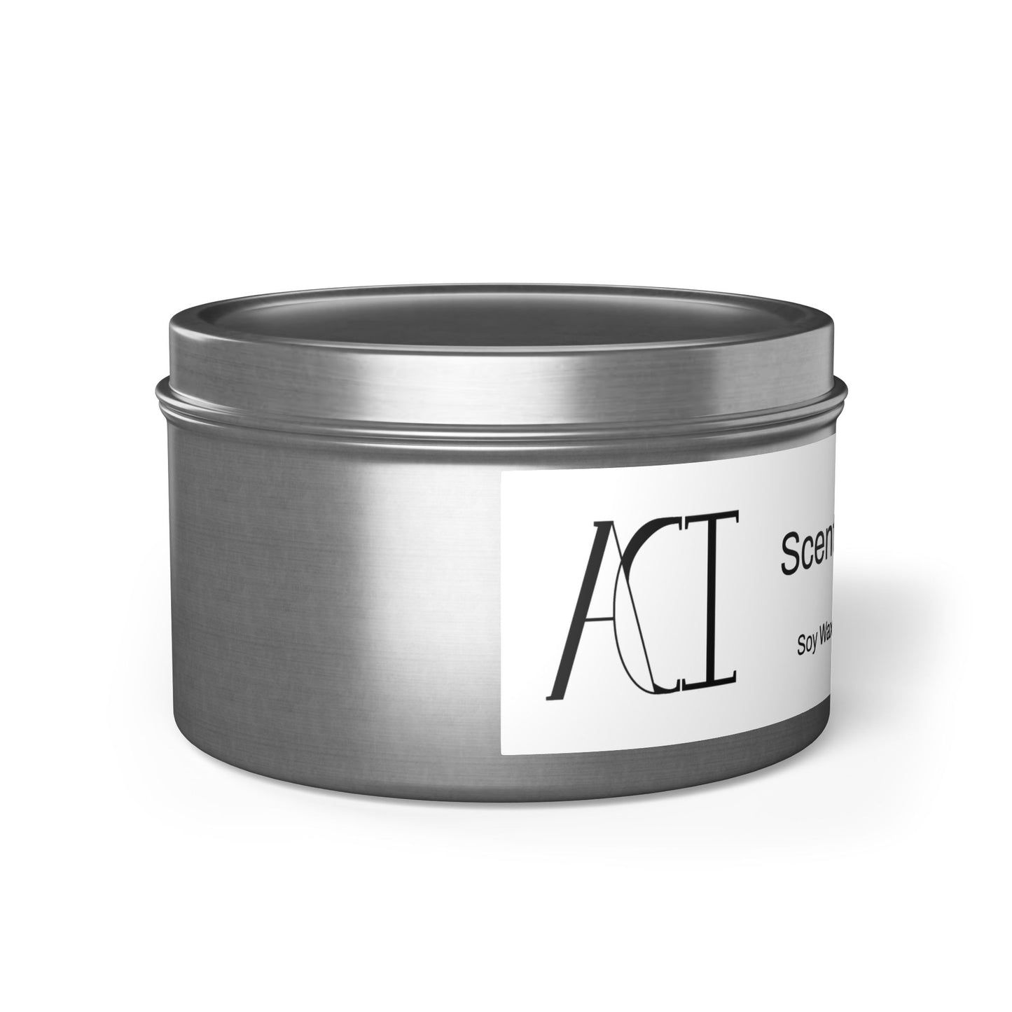 The scent is Evergreen. This is a candle in a 8 oz silver tin which has the ACI logo on the white label of ingredients in black. This showcases a left side image with the top on. 