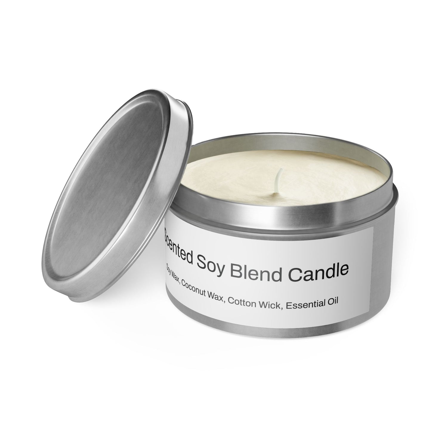 The scent is Evergreen. This is a candle in a 8 oz silver tin. There is a white label for the scented soy blend that lists the ingredients as soy wax, coconut wax, cotton wick and essential oils. This showcases the candle with the top off and the wick in the middle. There is no added color for the wax.