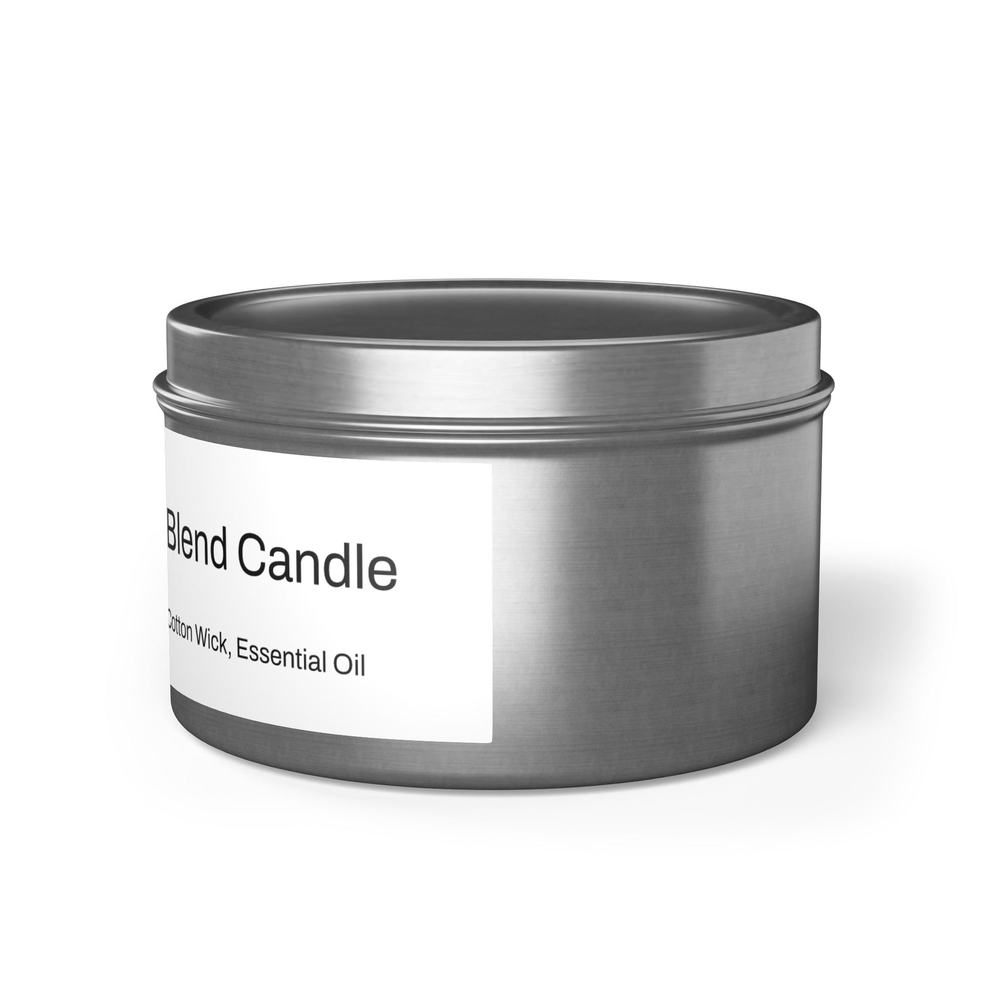 The scent is Evergreen. This is a candle in a 8 oz silver tin. There is a white label for the scented soy blend that lists the ingredients as soy wax, coconut wax, cotton wick and essential oils. This showcases the right side image with the top on. 