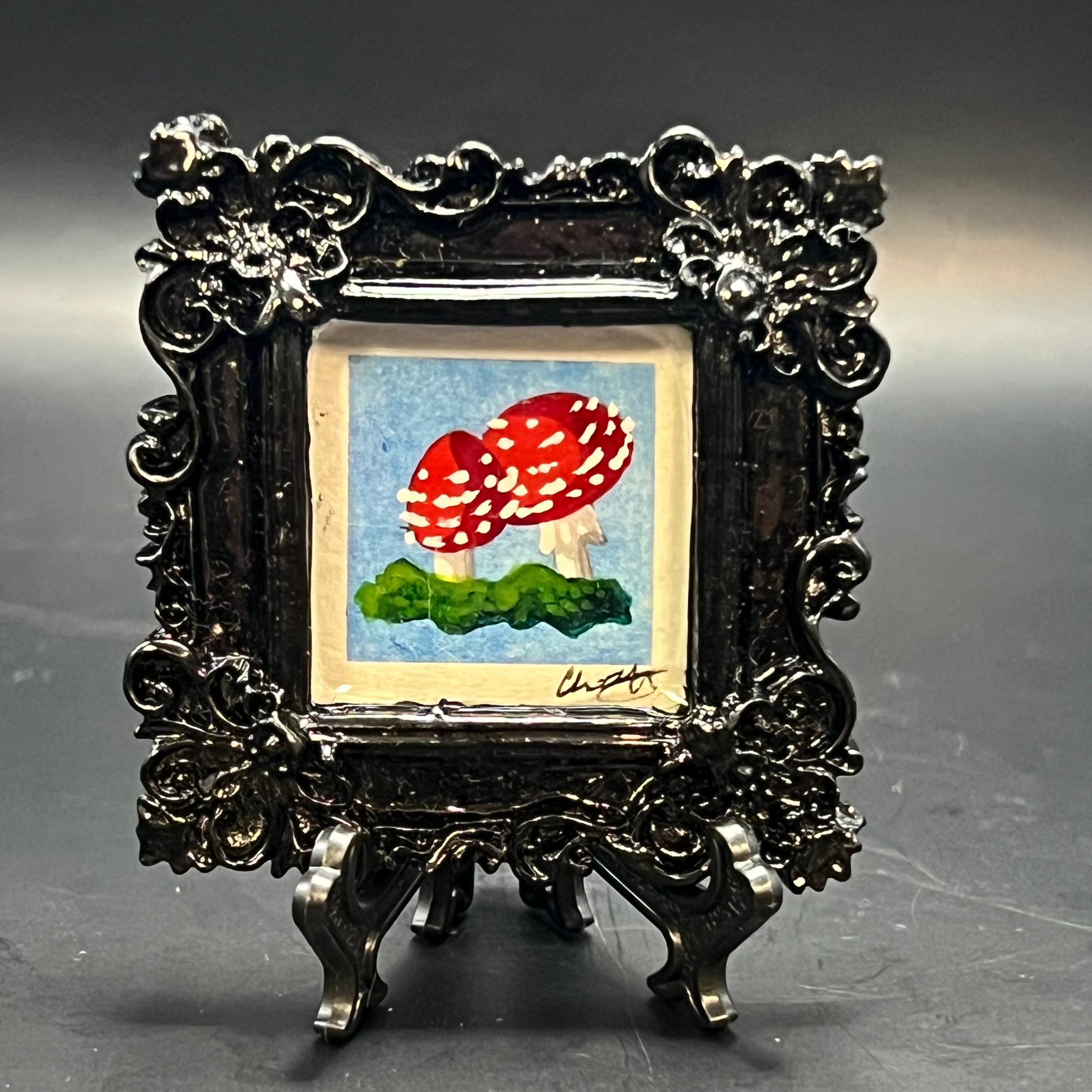 CFD Fly Agaric Mushroom Blue mini painting by Chris Foster, mixed media, 4x4 inches, framed, Fragment of Wonder series, new