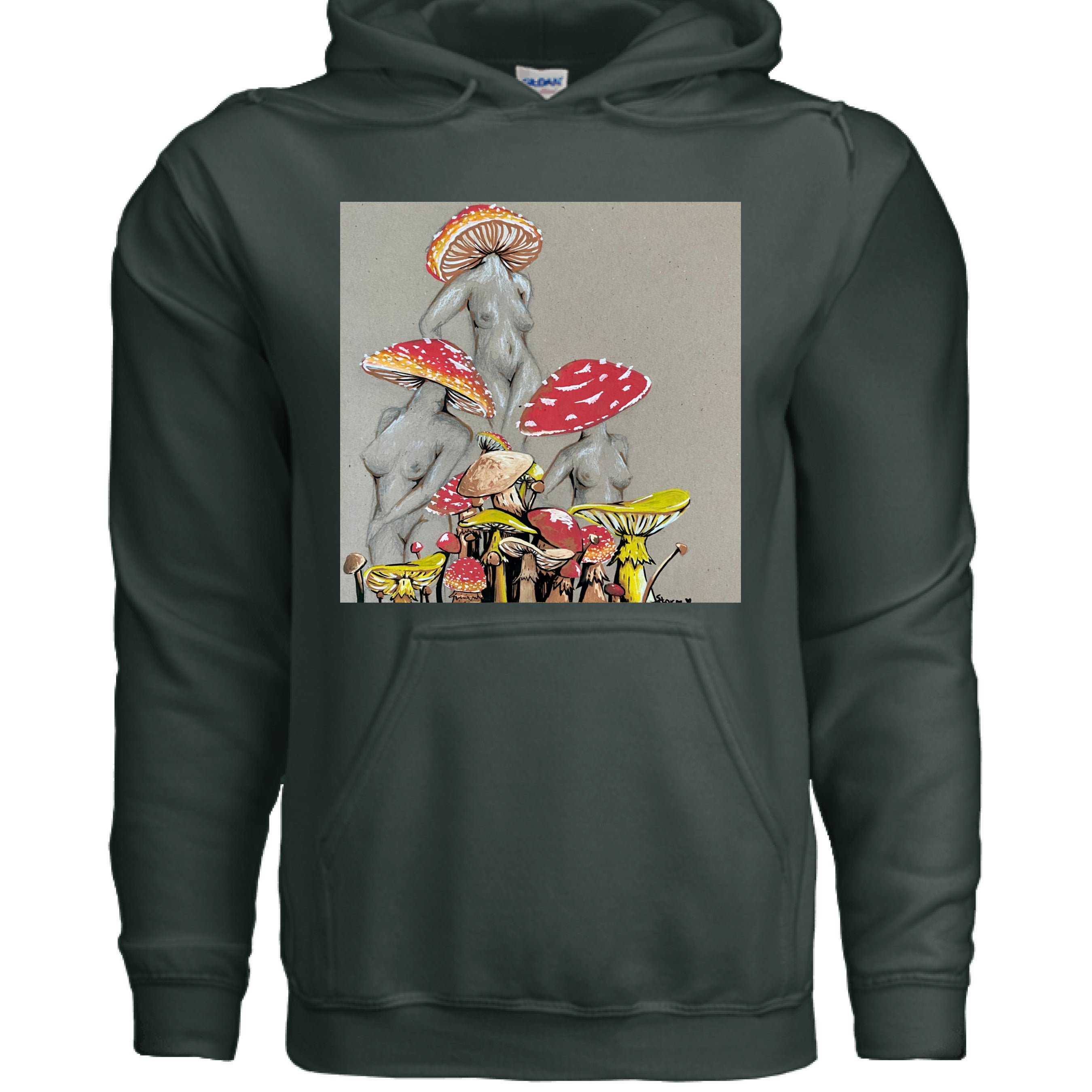 Close-up of Miss Amanita hoodie’s soft cotton-blend fabric displaying subtle heather gray texture and reinforced