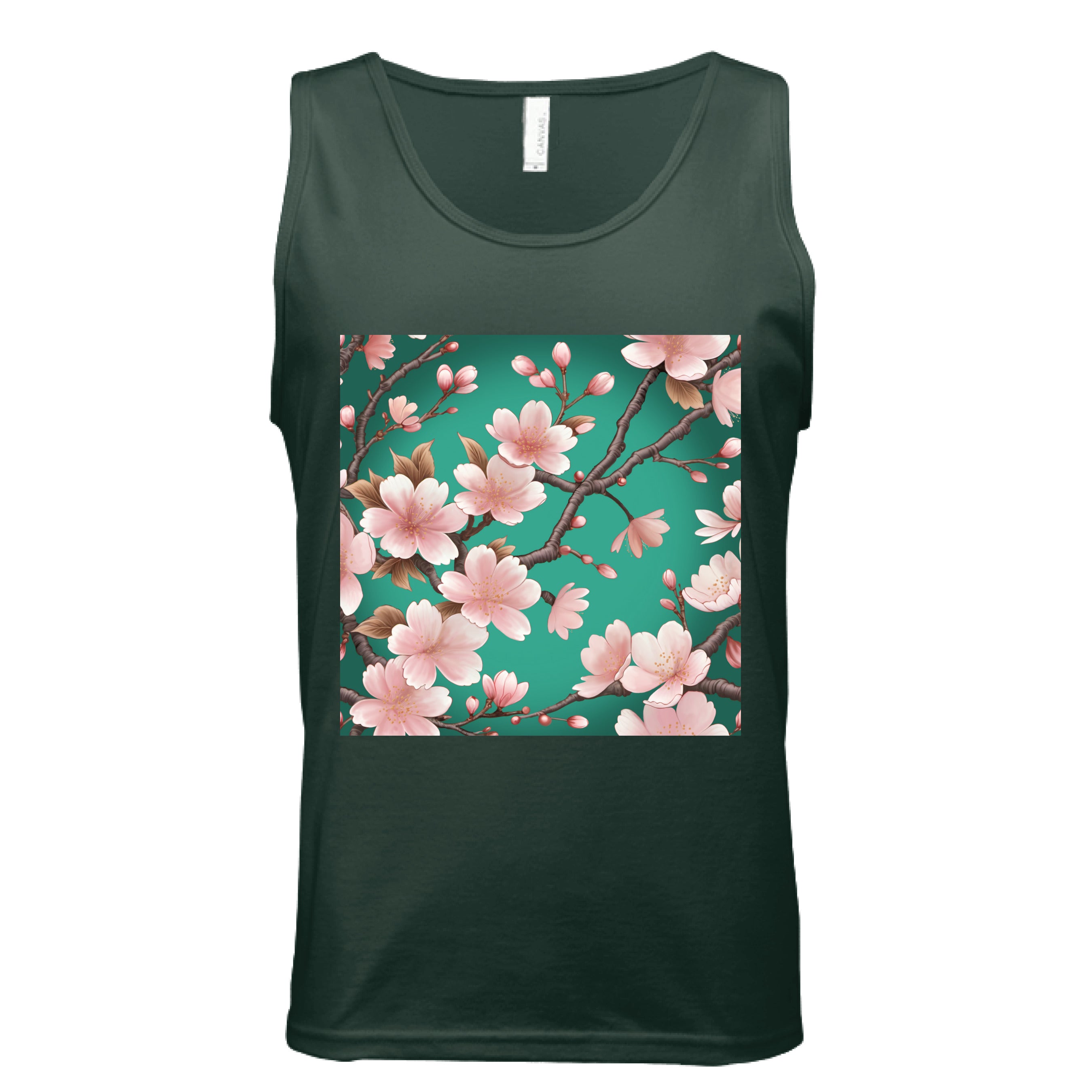 Close-up of the Sakura tank's scoop neckline and soft jersey fabric with subtle beige color detail, highlighting relaxed fit