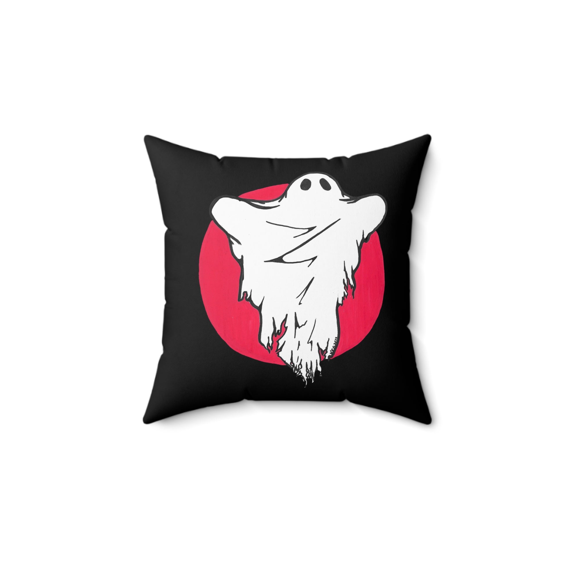 This is the 14" x 14" Ghost Spun Polyester Square Pillow by Storm Garden Studio. The image shows the back of the pillow. The pillow is black overall. The ghost illustration is on both sides. The ghost is white with a wrinkled and ragged cloth over it. There is a red circle behind the ghost. The pillow is against a white background.