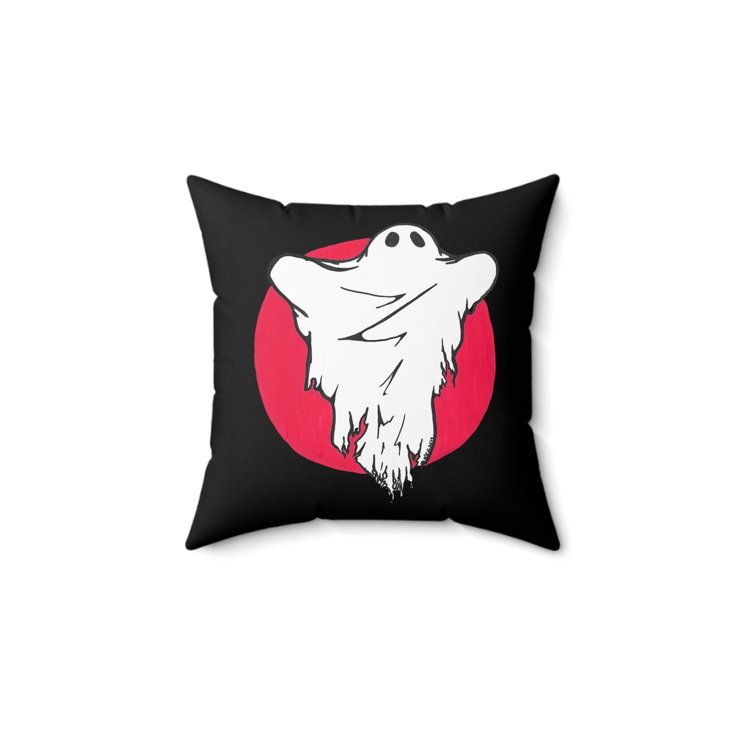 This is the 14" x 14" Ghost Spun Polyester Square Pillow by Storm Garden Studio. The image shows the front of the pillow. The pillow is black overall. The ghost illustration is on both sides. The ghost is white with a wrinkled and ragged cloth over it. There is a red circle behind the ghost. The pillow is against a white background.