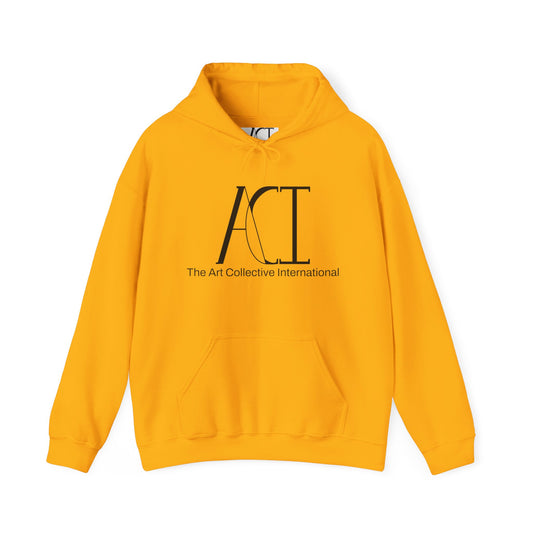 This is the Gold ACI hoodie that showcases a large ACI logo printed in black near the top middle of the hoodie. Underneath the logo in back is, "The Art Collective International" in smaller print. It is a full picture of the front with the color-matched drawcord. The size label is white and printed on rather than a tag. The ACI logo is black on the size label. There is stitching by the wrists and waist areas. Also, a large pocket to place your arms in.