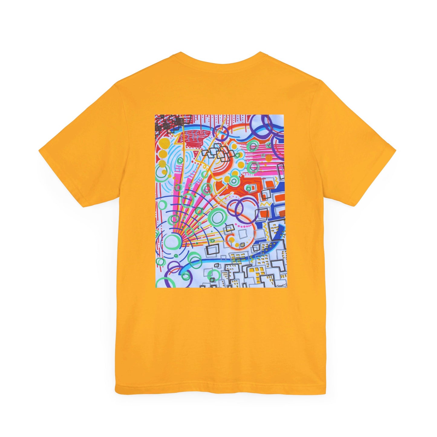 This is the Gold The City Jersey T-Shirt by Storm Garden Studio. This showcases the back of the shirt. The image is from the upper back to the mid waist. The illustration is rectangular shaped and  has multitude of colors like blue, red, pink, yello, green and light blue. It is an abstract image with bluding shpaes, circles and squiggles. This is against a white background.