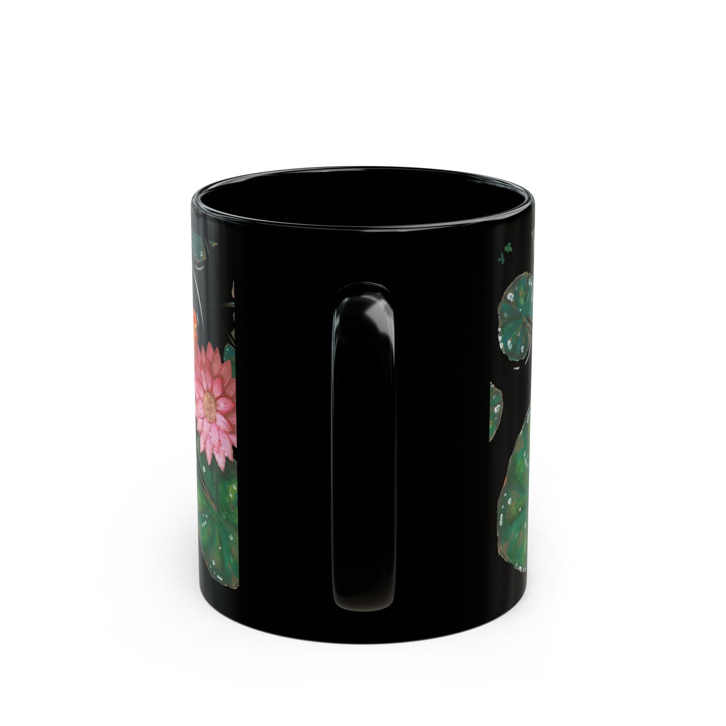 This is the 11 oz Goldfish Mug designed by Chris Foster Design. The image is shown from the handle with all around print. On right and left there is a part of the green lily pads that can be seen. On the left side there is a small red/pink lily flower. The water is clear matching the color of the mug which is black. The mug is ceramic with a glossy finish.