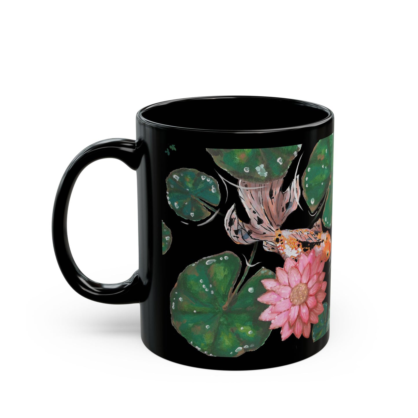 This is the 11 oz Goldfish Mug designed by Chris Foster Design. The image is shown from the left with all around print. There are six green lily pads of different sizes with water droplets reflected in clear/white. There is a speckled white, orange and black goldfish swimming past the pink lily flower. The water is clear matching the color of the mug which is black. The mug is ceramic with a glossy finish.