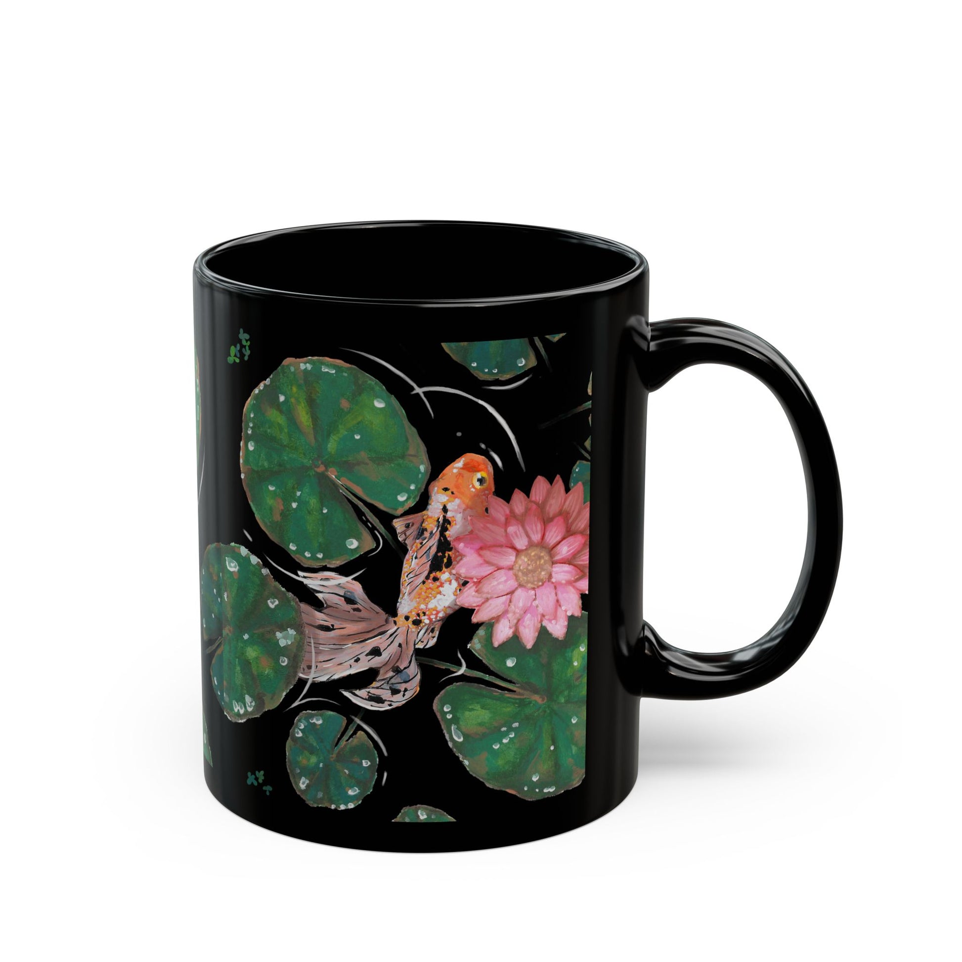 This is the 11 oz Goldfish Mug designed by Chris Foster Design. The image is shown from the right with all around print. There are seven green lily pads of different sizes with water droplets reflected in clear/white. There is another speckled white, orange and black goldfish that can be fully seen swimming under a pink lily flower. The goldfish has three orange/pink tail fins. The water ripples and is clear matching the color of the mug which is black. The mug is ceramic with a glossy finish. 