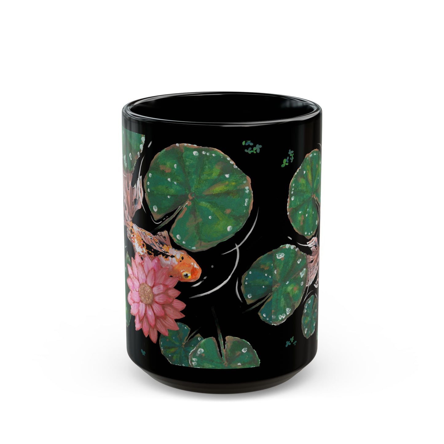 This is the 11 oz Goldfish Mug designed by Chris Foster Design. The image is shown from the front with all around print. There are six green lily pads of different sizes with water droplets reflected in clear/white. There are small green foilages all around. There is a speckled white, orange and black goldfish on the far left swimming under a pink lily flower. The water ripples and is clear matching the color of the mug which is black. The mug is ceramic with a glossy finish. 