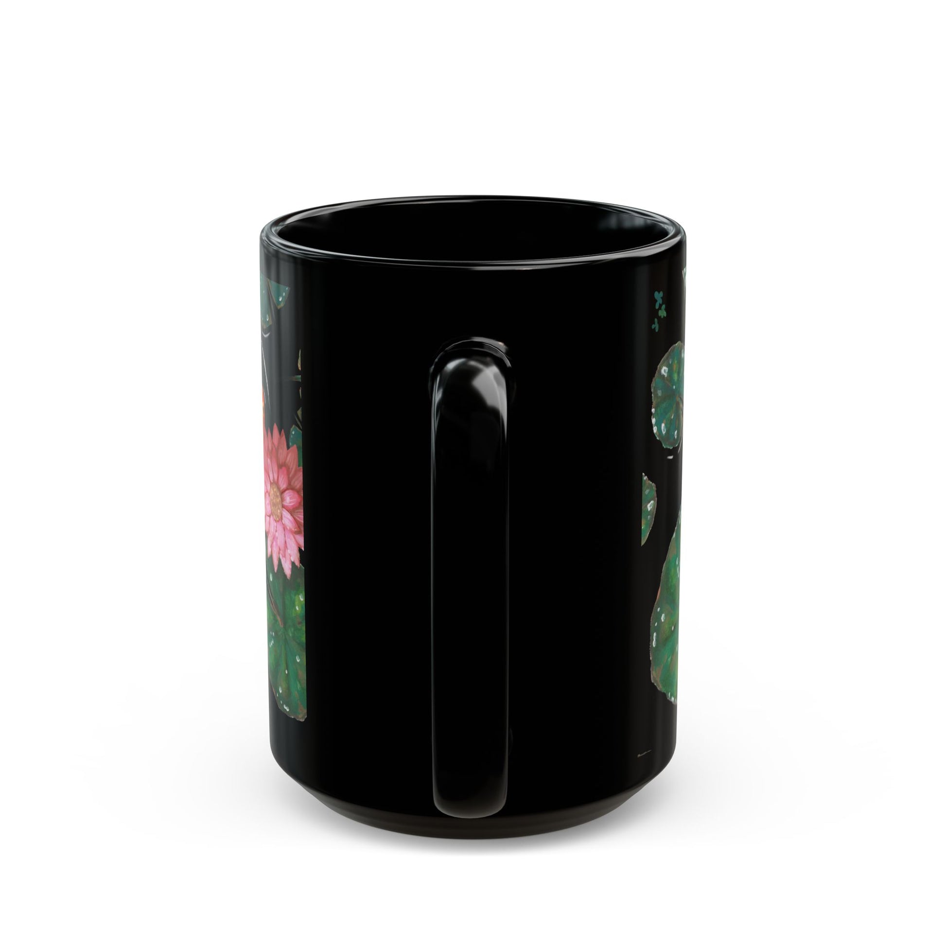 This is the 15 oz Goldfish Mug designed by Chris Foster Design. The image is shown from the handle with all around print. On right and left there is a part of the green lily pads that can be seen. On the left side there is a small red/pink lily flower. The water is clear matching the color of the mug which is black. The mug is ceramic with a glossy finish.