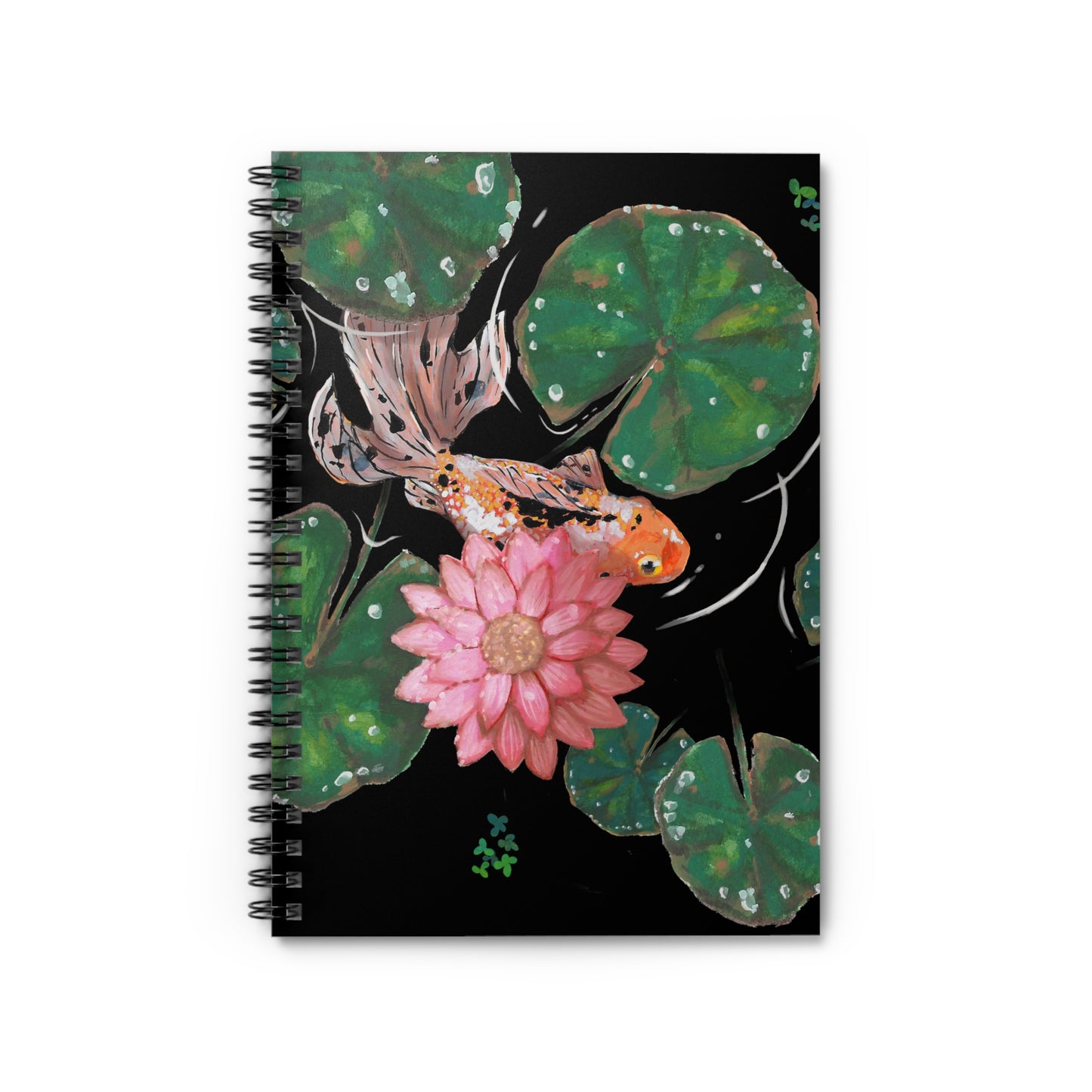 This is the Goldfish Spiral Ruled Notebook by Chris Foster Design. This shows the front of the notebook flat from the front with the illustration and the black spiral bind to the left. The illustration is squared, the background is black, nine dark or light green lily pads, small foliage, one orange, white and black goldfish and a pink blooming flower.
