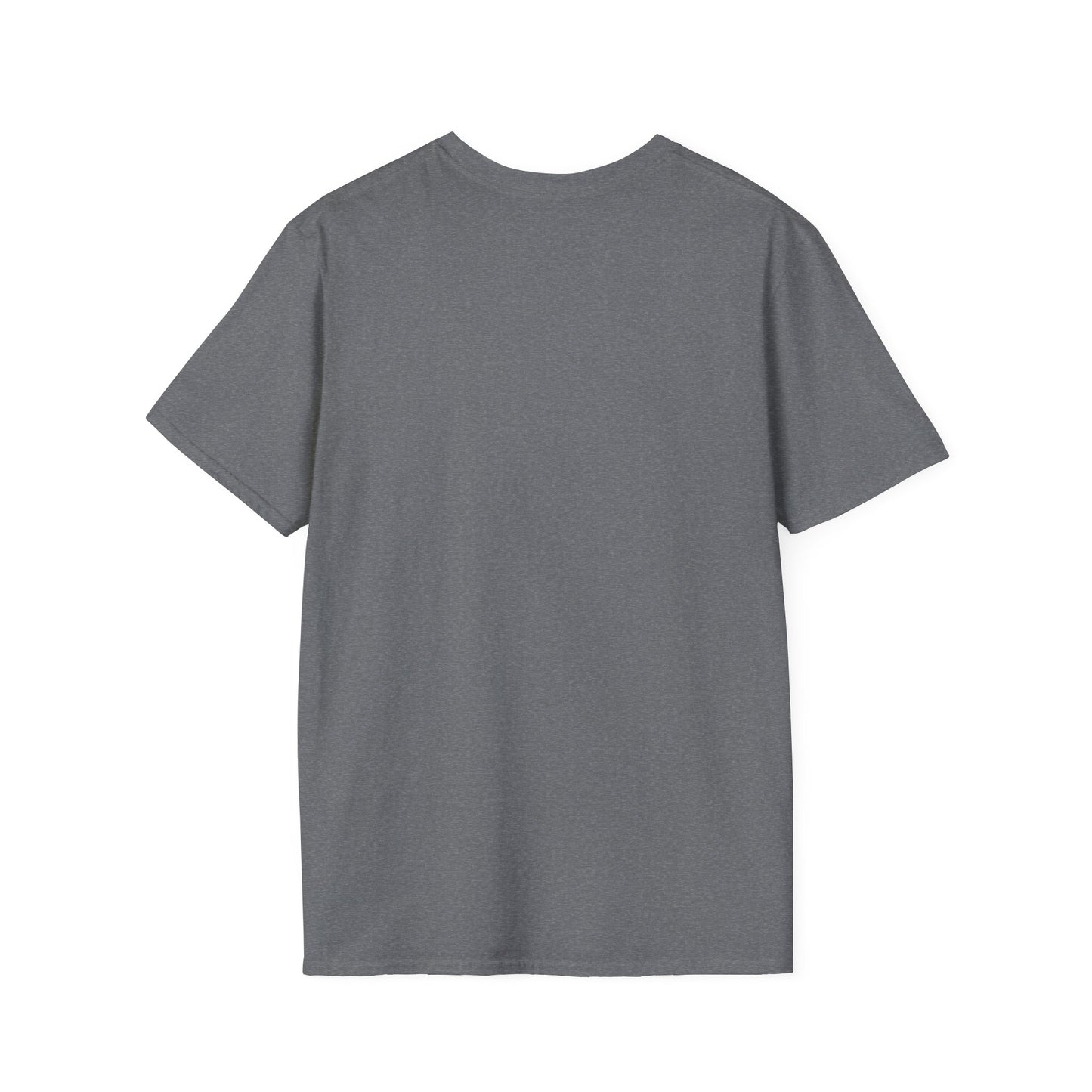 This is the Graphite Heather Earl Grey Softstyle T-Shirt by Chris Foster Design. It comes in sizes XS-5XL. The image showcases the back of the shirt. There is no illustrations or images on it. The t-shirt is against a white background.