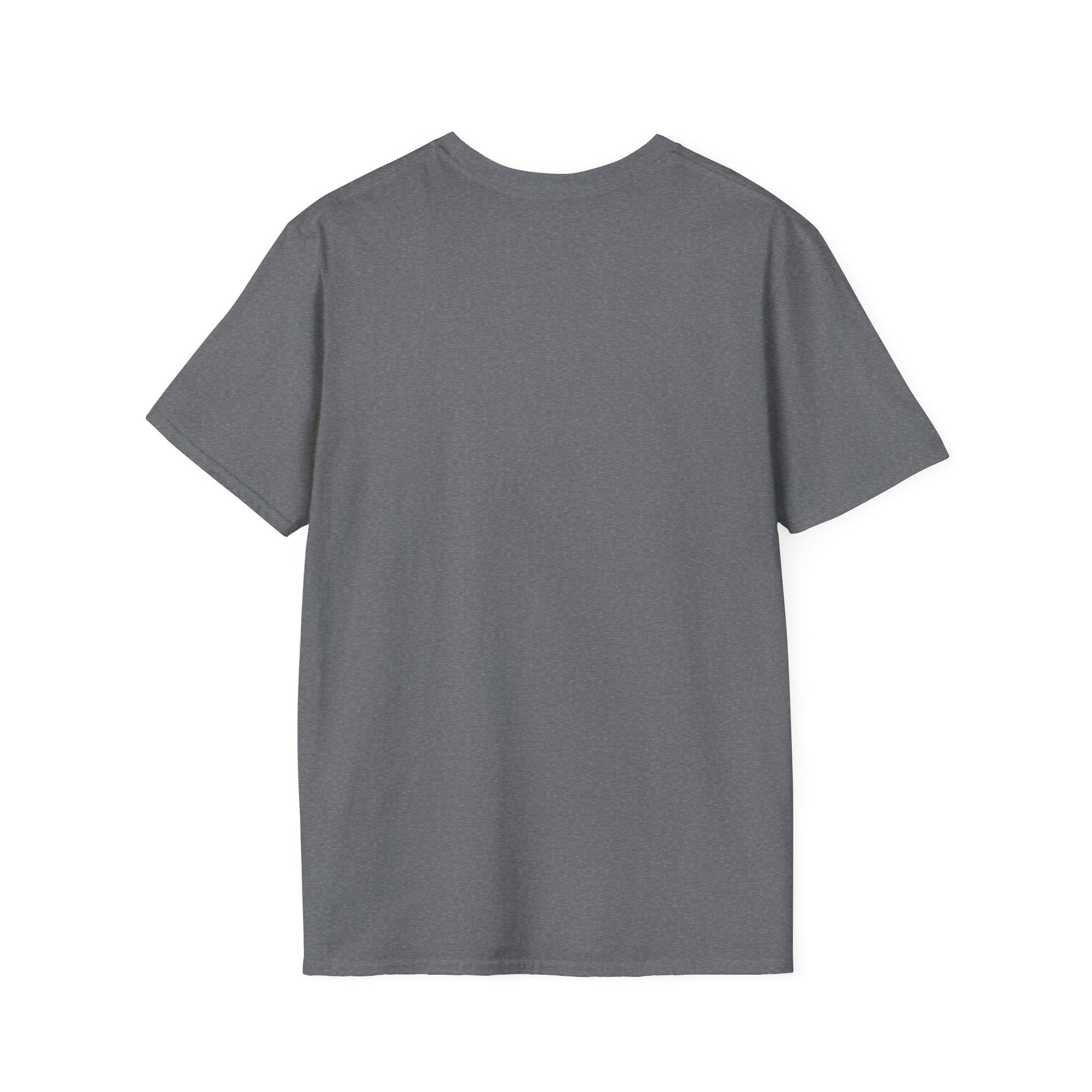 This is the Graphite Heather Earl Grey Softstyle T-Shirt by Chris Foster Design. It comes in sizes XS-5XL. The image showcases the back of the shirt. There is no illustrations or images on it. The t-shirt is against a white background.