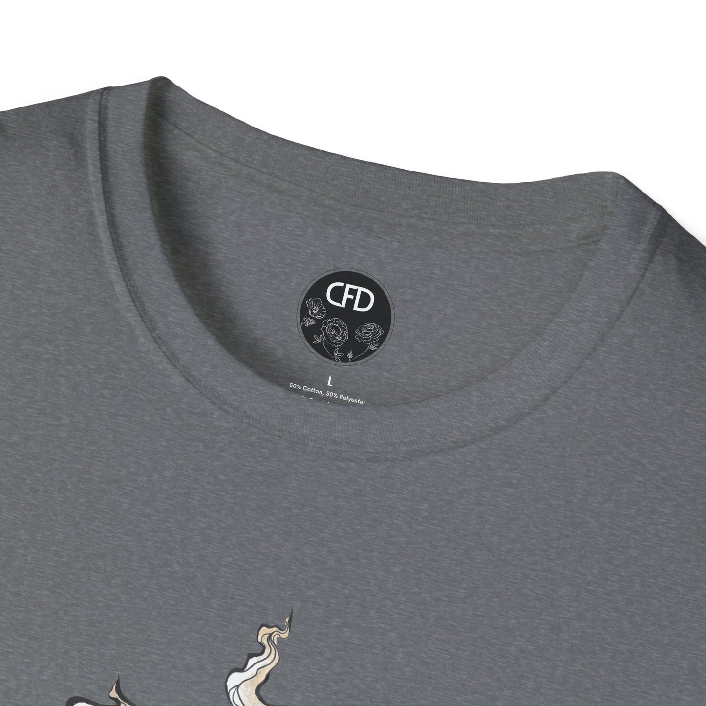 This is the Graphite Heather Earl Grey Softstyle T-Shirt by Chris Foster Design. It comes in sizes XS-5XL. The image showcases a close up of the front of the shirt. The illustration that can be seen is the steam is swirly and goes up and outwards. The inside of the shirt has the Chris Foster Design circular logo in black, flowers and writing is white. The size label is also white. The t-shirt is against a white background.