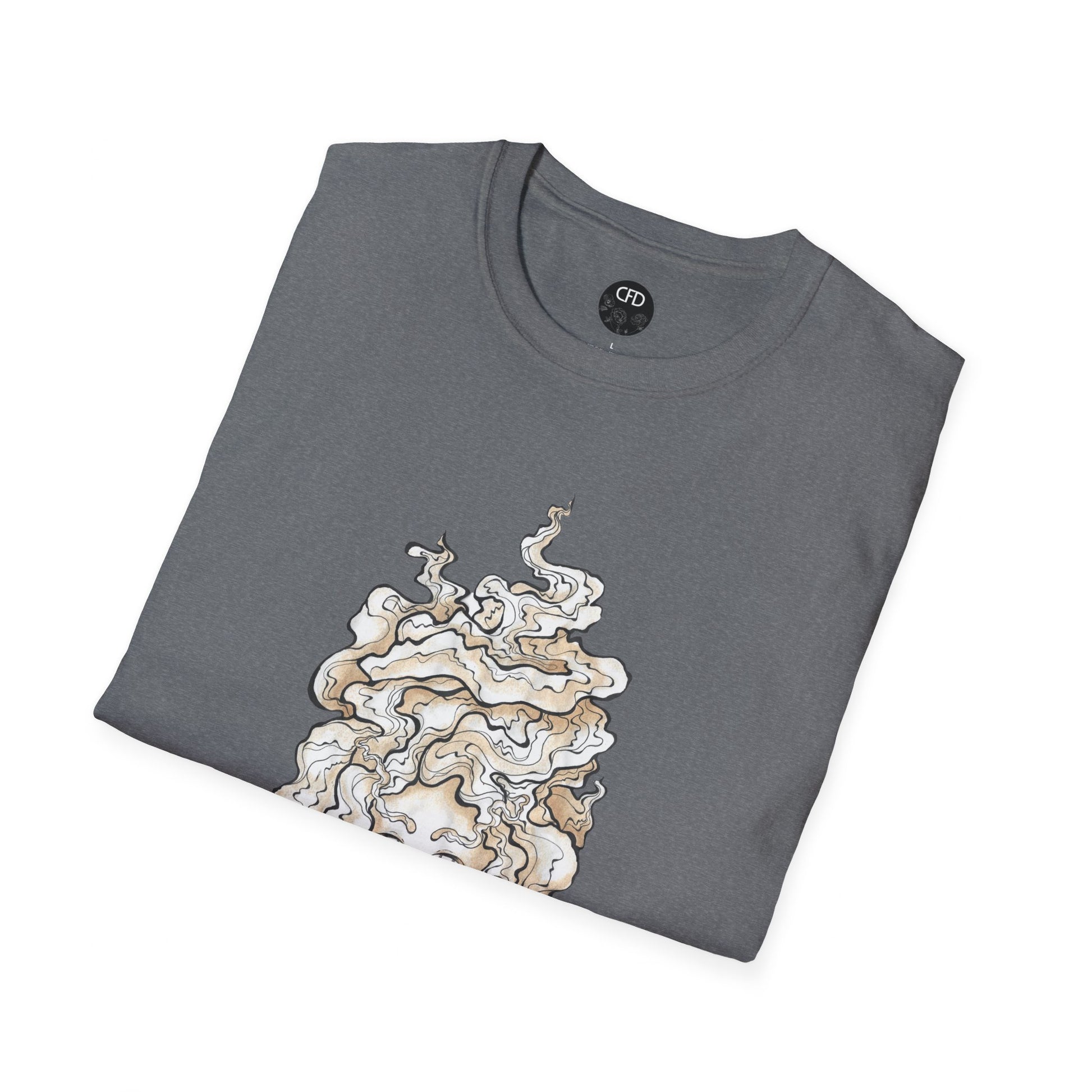 This is the Graphite Heather Earl Grey Softstyle T-Shirt by Chris Foster Design. It comes in sizes XS-5XL. The image showcases the front of the shirt folded. The illustration that can be seen is the steam is swirly and goes up and outwards. In the middle is a lady's face that is seen a little. The inside of the shirt has the Chris Foster Design circular logo in black, flowers and writing is white. The size label is also white. The t-shirt is against a white background.