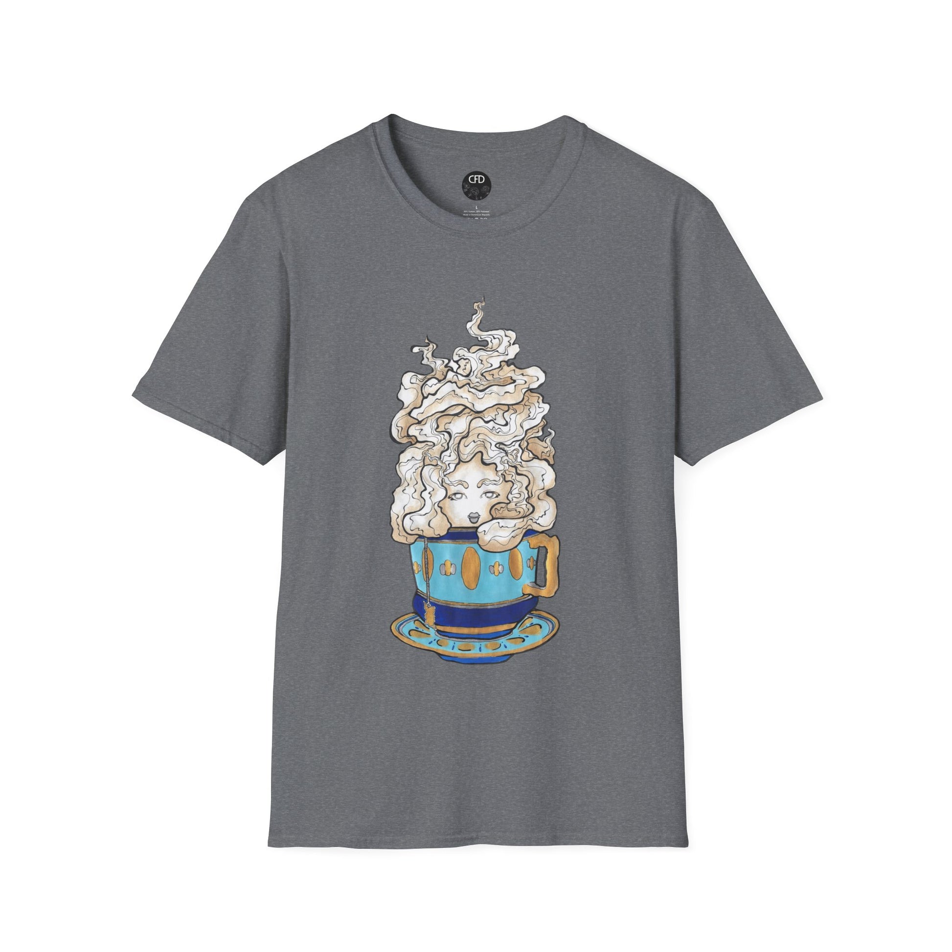 This is the Graphite Heather Earl Grey Softstyle T-Shirt by Chris Foster Design. It comes in sizes XS-5XL. The image showcases the front of the shirt. The illustration is of a gold, light blue and dark blue teacup with a tan, yellow and white steam. The steam is swirly and goes up and outwards. In the middle is a lady's face. The t-shirt is against a white background.