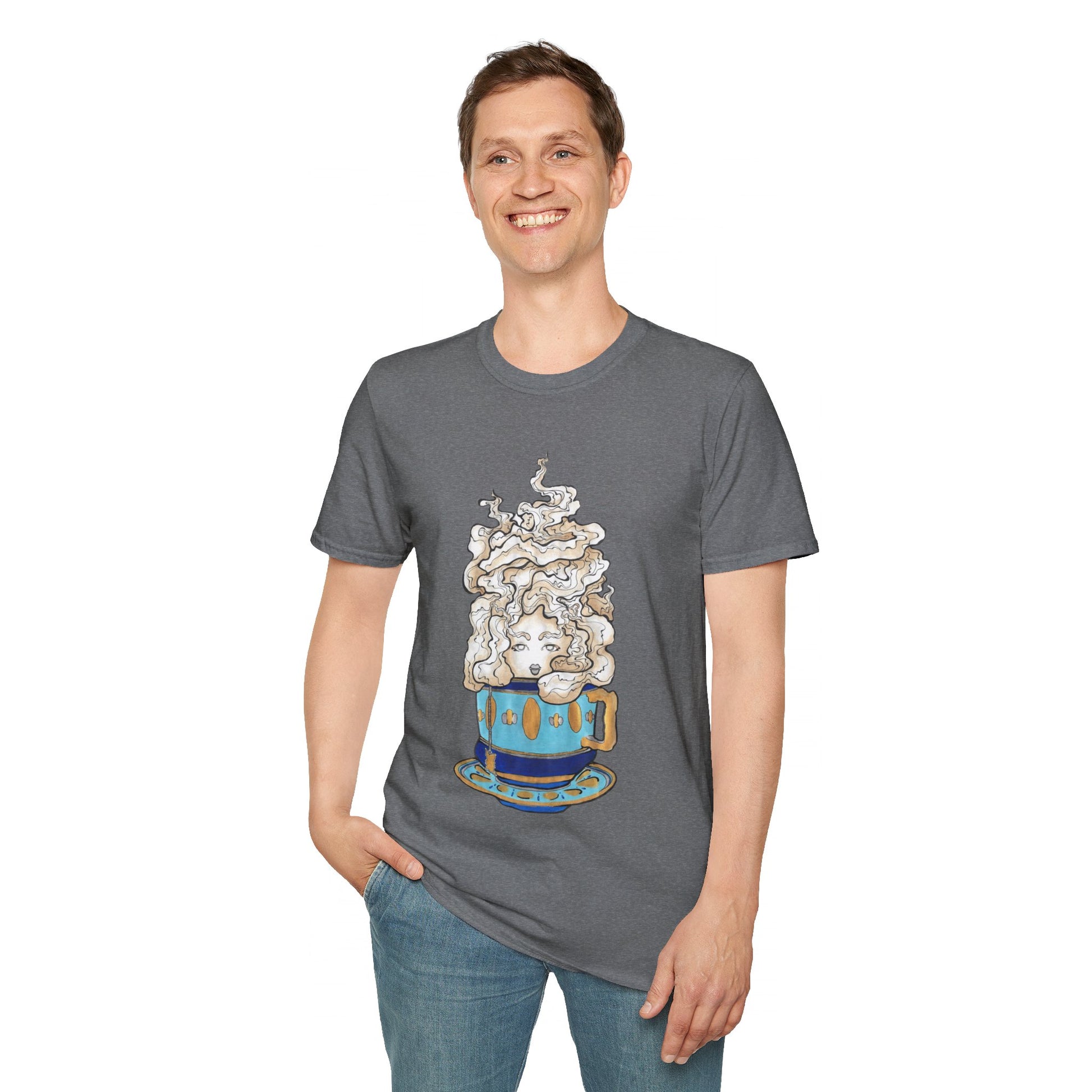 This is the Graphite Heather Earl Grey Softstyle T-Shirt by Chris Foster Design. It comes in sizes XS-5XL. The illustration is of a gold, light blue and dark blue teacup with a tan, yellow and white steam. The steam is swirly and goes up and outwards. In the middle is a lady's face. A smiling man has his right hand in the jean pocket wearing the shirt and the other hand by his side. He is slightly looking to the left while standing against a white background.