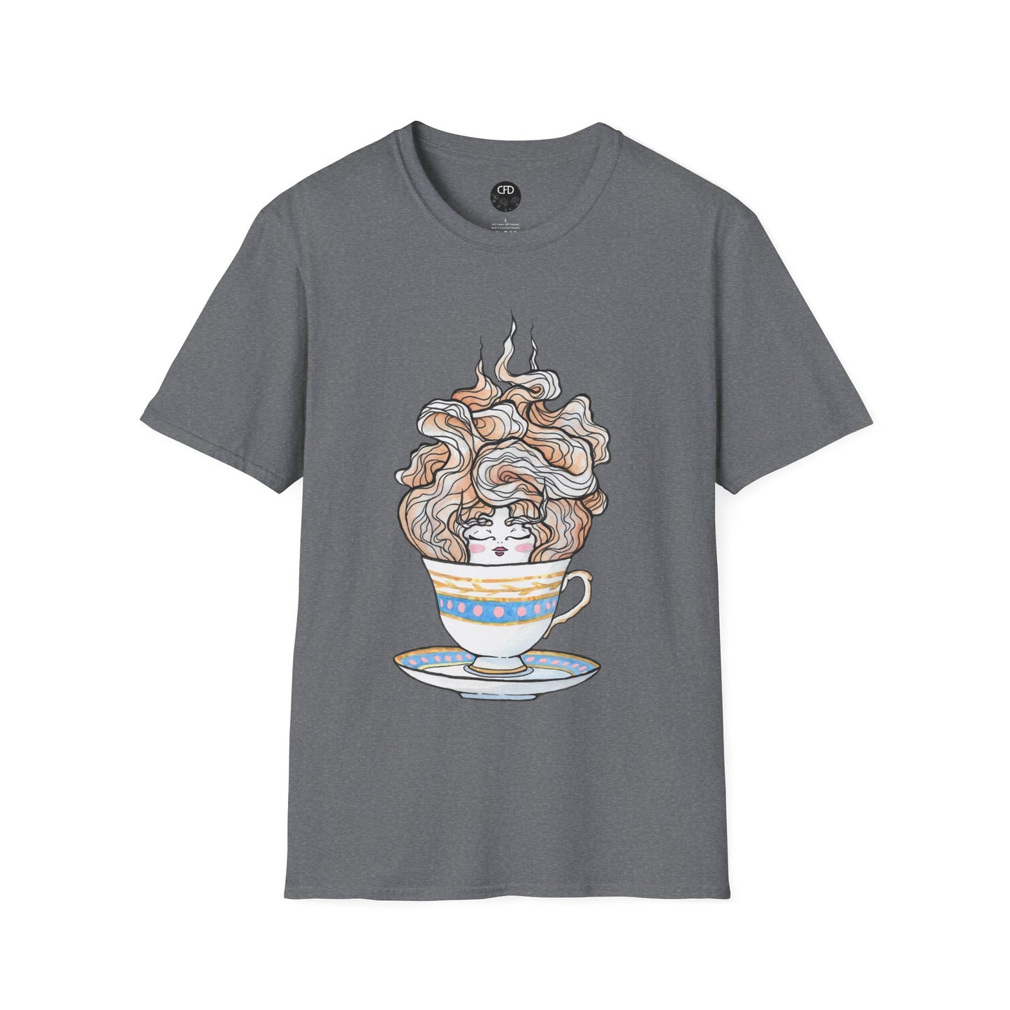 This is the Graphite Heather English Breakfast Tea T-Shirt by Chris Foster Design. It comes in sizes XS-5XL. This is an image of the front with a circular CFD logo in white lettering and black background. The size label is below the logo in black. a teacup that is light blue, yellow and white with light pink, white and red steam that is going upwards. There is a lady's face in the middle and beginning of the teacup with her eyes closed, red lips, blushing pink cheeks. and eyebrows that go upward. 