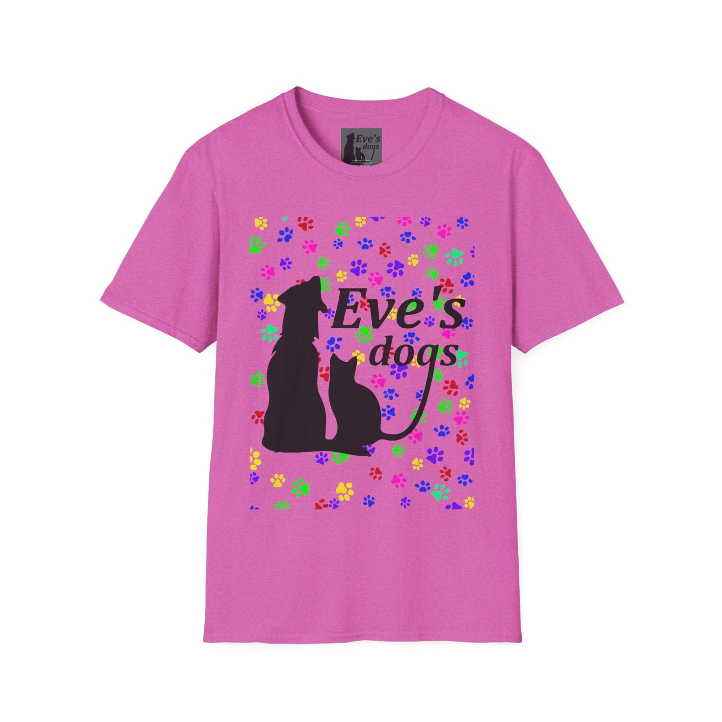 This is the Heather Berry Adopt Eve's Dogs T-Shirt. It comes in XS - 5XL. This is an image of the front of the shirt. The size label is a grey and black tag with a dog and cat with the "Eve's dogs" writing. The front has pink, green, blue, purple, red paw prints in different sizes. Also, the dog and cat with "Eve's dogs" printed in black. The illustration has a clear background so you see the paw prints, animals and the text print on color of shift. The shirt is against a white background.