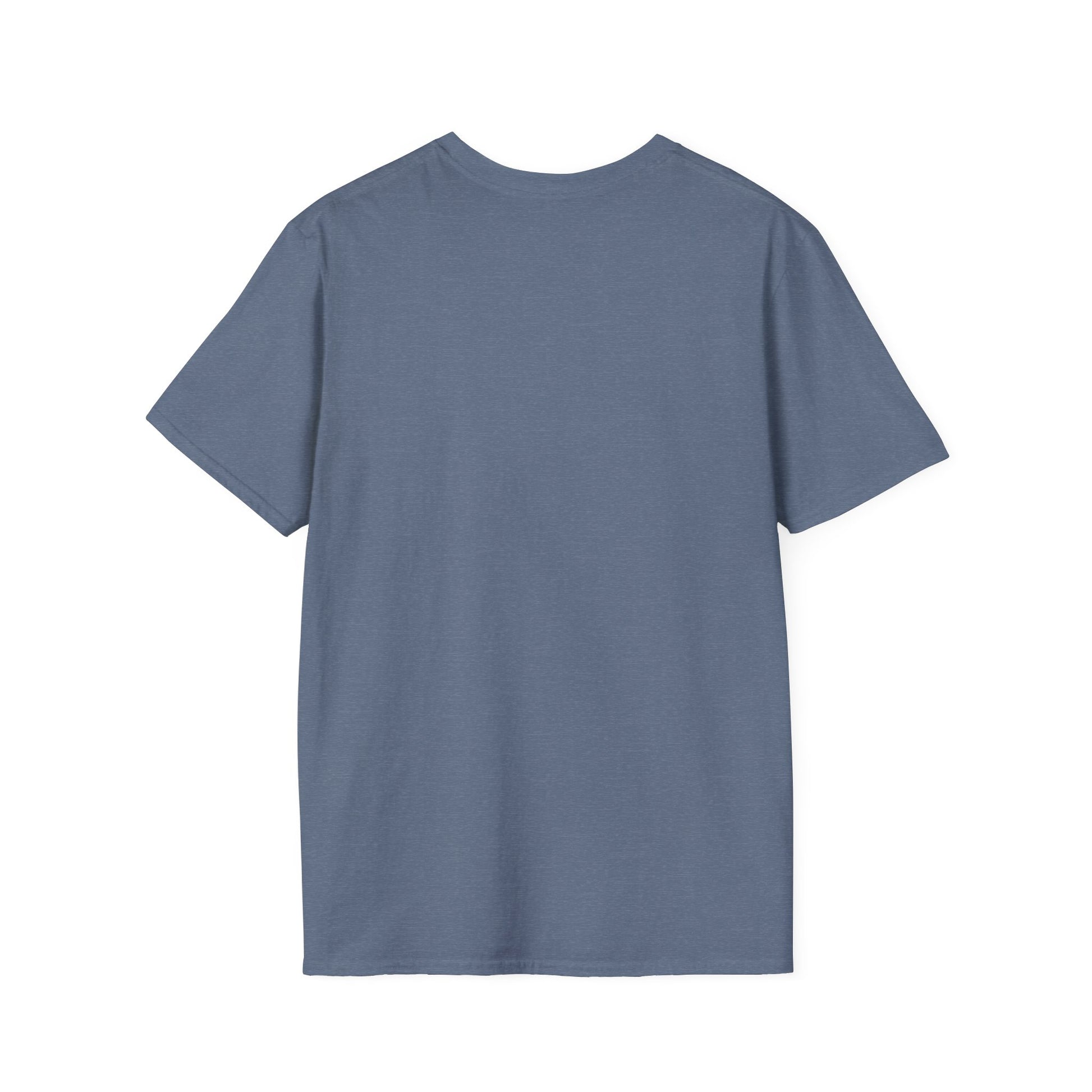 This is the Heather Indigo A Glance T-Shirt by Lee Hansheng Studios. This is the image of the shirt from the back. There is no image or illustrations. The t-shirt is against a white background.