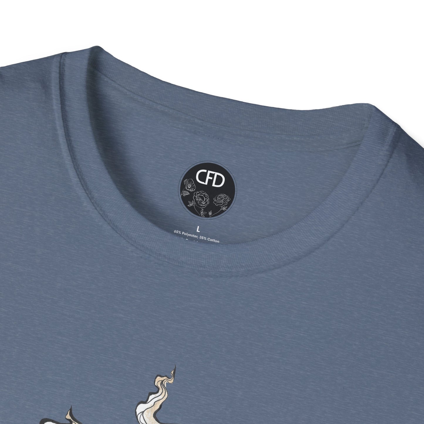 This is the Heather Indigo Earl Grey Softstyle T-Shirt by Chris Foster Design. It comes in sizes XS-5XL. The image showcases a close up of the front of the shirt. The illustration that can be seen is the steam is swirly and goes up and outwards. The inside of the shirt has the Chris Foster Design circular logo in black, flowers and writing is white. The size label is also white. The t-shirt is against a white background.