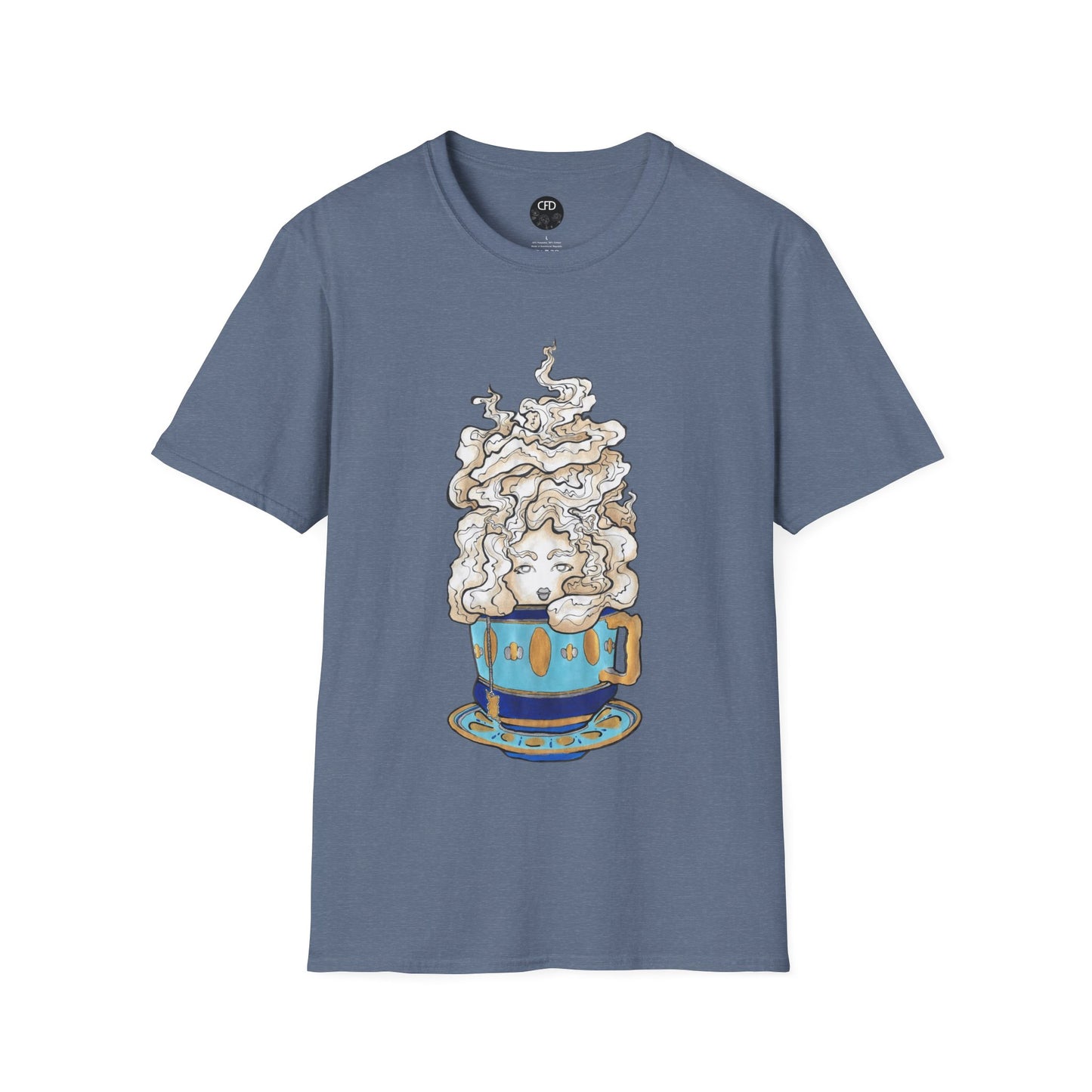 This is the Heather Indigo Earl Grey Softstyle T-Shirt by Chris Foster Design. It comes in sizes XS-5XL. The image showcases the front of the shirt. The illustration is of a gold, light blue and dark blue teacup with a tan, yellow and white steam. The steam is swirly and goes up and outwards. In the middle is a lady's face. The t-shirt is against a white background.