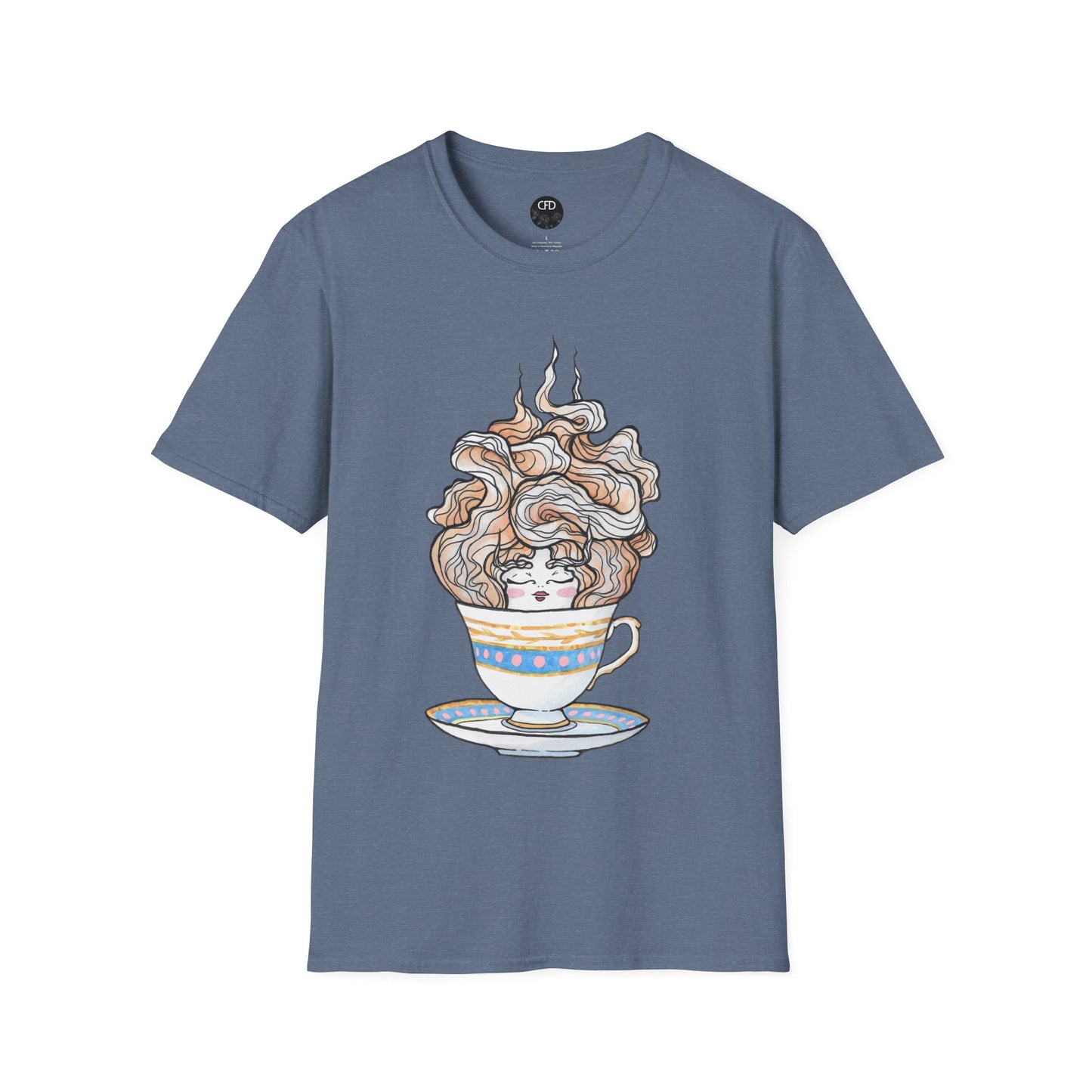 This is the Heather Indigo English Breakfast Tea T-Shirt by Chris Foster Design. It comes in sizes XS-5XL. This is an image of the front with a circular CFD logo in white lettering and black background. The size label is below the logo in black. A teacup that is light blue, yellow and white with light pink, white and red steam that is going upwards. There is a lady's face in the middle and beginning of the teacup with her eyes closed, red lips, blushing pink cheeks. and eyebrows that go upward. 