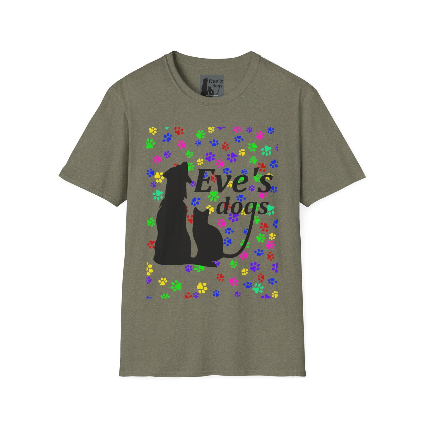 This is the Heather Military Green Adopt Eve's Dogs T-Shirt. It comes in XS - 5XL. This is an image of the front of the shirt. The size label is a grey and black tag with a dog and cat with the "Eve's dogs" writing. The front has pink, green, blue, purple, red paw prints in different sizes. Also, the dog and cat with "Eve's dogs" printed in black. The illustration has a clear background so you see the paw prints, animals and the text print on color of shift. The shirt is against a white background.