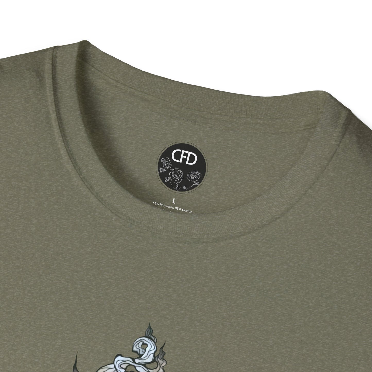 This is the Heather Military Green Green Tea T-Shirt by Chris Foster Design.It comes in sizes XS-5XL. This image shows a close up of the front. There is the collar with CFD circular logo with flowers, has a black background and printed in white inside the shirt. The size label is printed in black. Below there is a bit of the illustration, some of the steam of the tea cup is shown in white and light blue. The shirt is against a white background.