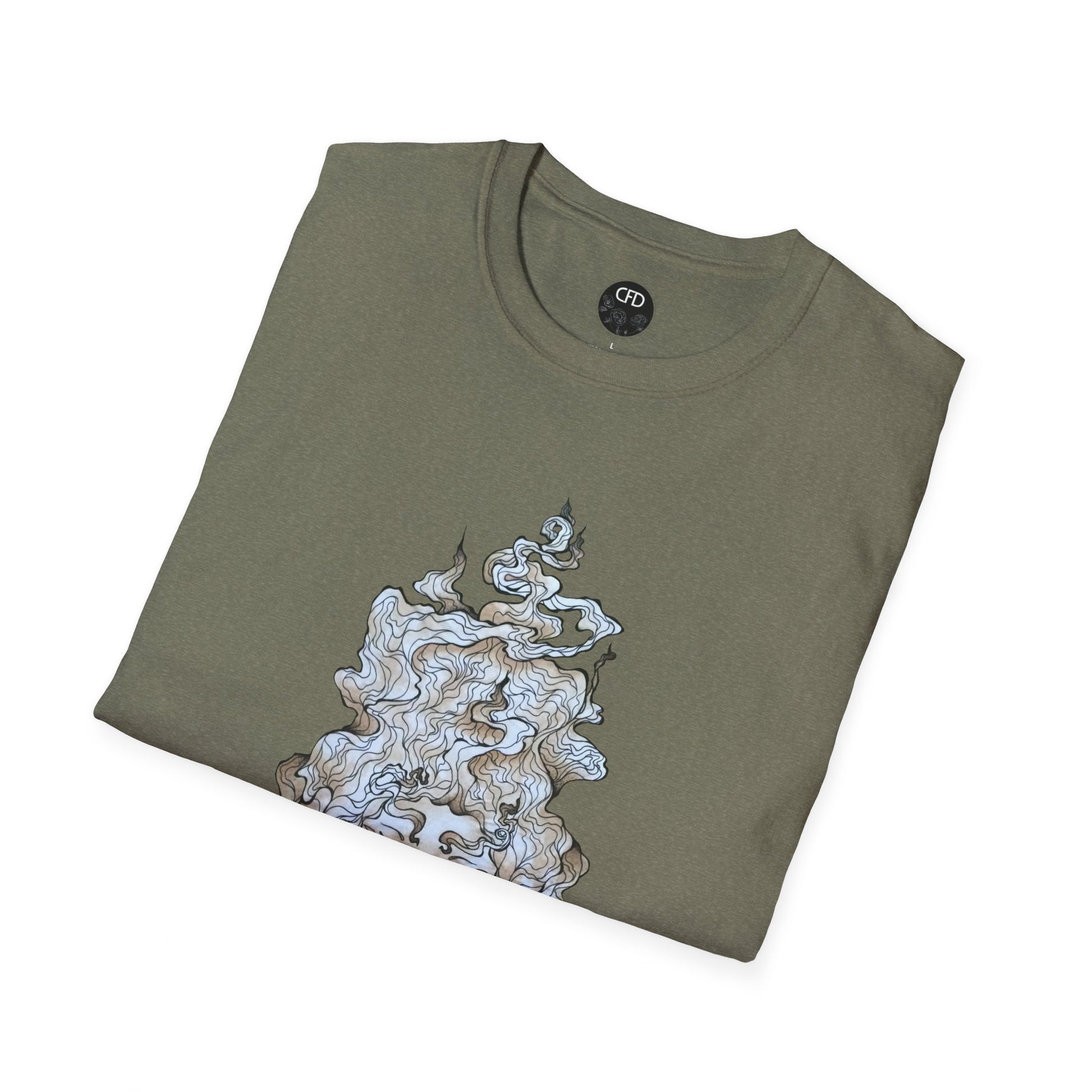 This is the Heather Military Green Green Tea T-Shirt by Chris Foster Design.It comes in sizes XS-5XL. This image shows the front of the shirt folded. The mist from the teacup is white and red going upwards is what can be seen. The CFD circular logo with flowers has a black background and printed in white. The size label is printed in black. The shirt is against a white background.