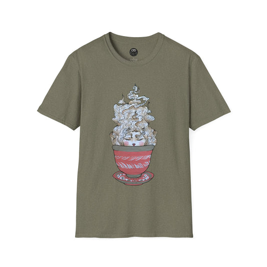 This is the Heather Military Green Green Tea T-Shirt by Chris Foster Design.It comes in sizes XS-5XL. A red,white and dark green teacup with plate set. The mist from the teacup is white and red going upwards. There is a lady face in the middle of the teacup with red blushing cheeks, red open lips and eyebrows that float outwards. This is against a white background.