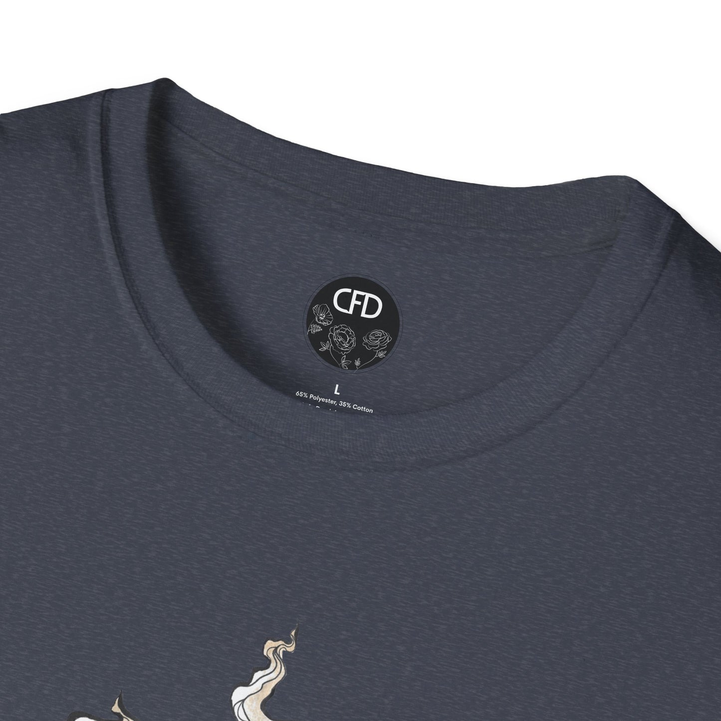 This is the Heather Navy Earl Grey Softstyle T-Shirt by Chris Foster Design. It comes in sizes XS-5XL. The image showcases a close up of the front of the shirt. The illustration that can be seen is the steam is swirly and goes up and outwards. The inside of the shirt has the Chris Foster Design circular logo in black, flowers and writing is white. The size label is also white. The t-shirt is against a white background.