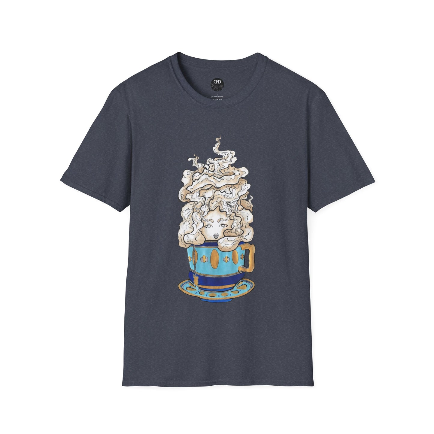 This is the Heather Navy Earl Grey Softstyle T-Shirt by Chris Foster Design. It comes in sizes XS-5XL. The image showcases the front of the shirt. The illustration is of a gold, light blue and dark blue teacup with a tan, yellow and white steam. The steam is swirly and goes up and outwards. In the middle is a lady's face. The t-shirt is against a white background.