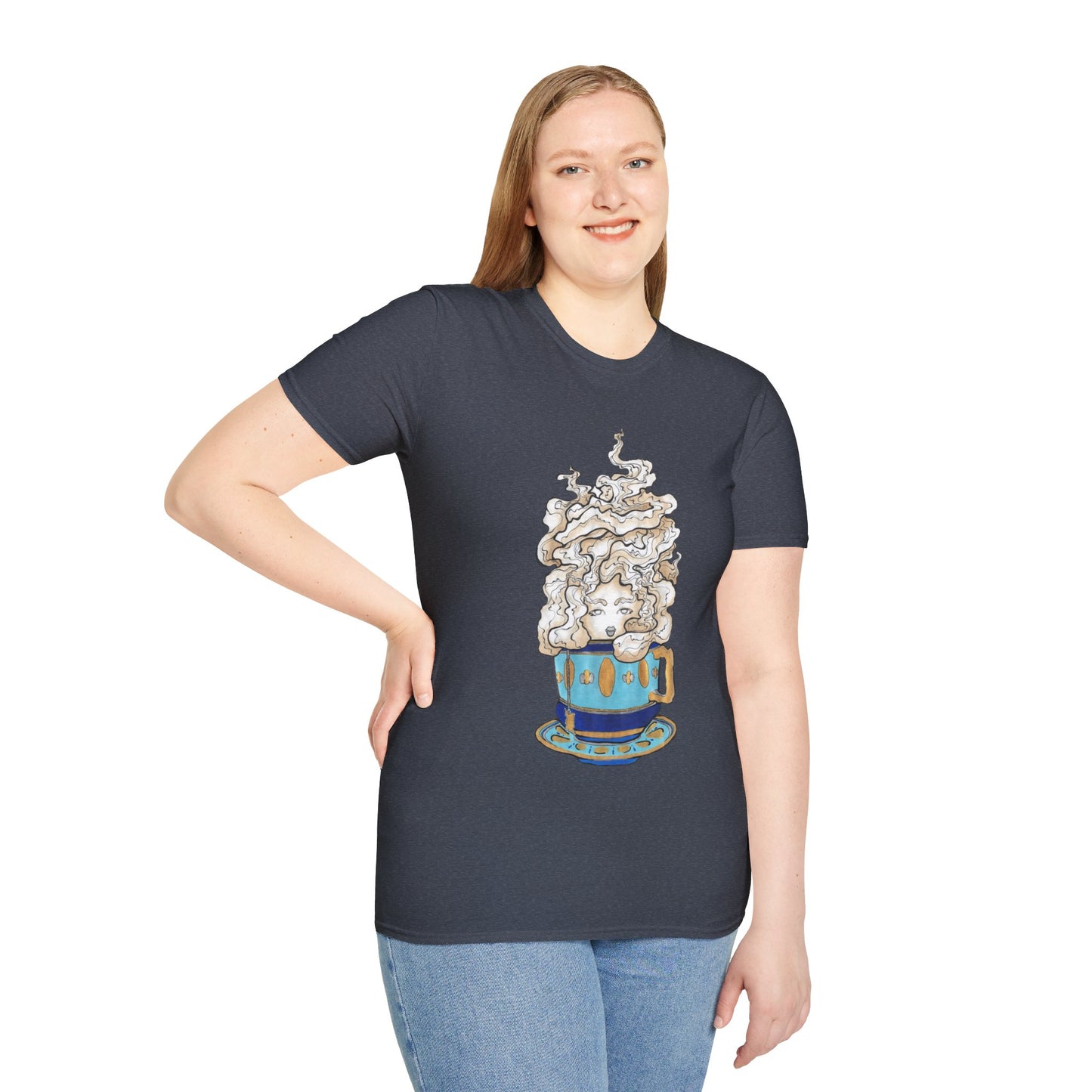 This is the Heather Navy Earl Grey Softstyle T-Shirt by Chris Foster Design. It comes in sizes XS-5XL. The illustration is of a gold, light blue and dark blue teacup with a tan, yellow and white steam. The steam is swirly and goes up and outwards. In the middle is a lady's face. A smiling lady facing the front with her head tilted slightly to the left, hair behind shoulders, right hand on waist, other hand hanging naturally and is wearing dark jeans and the designed t-shirt. 