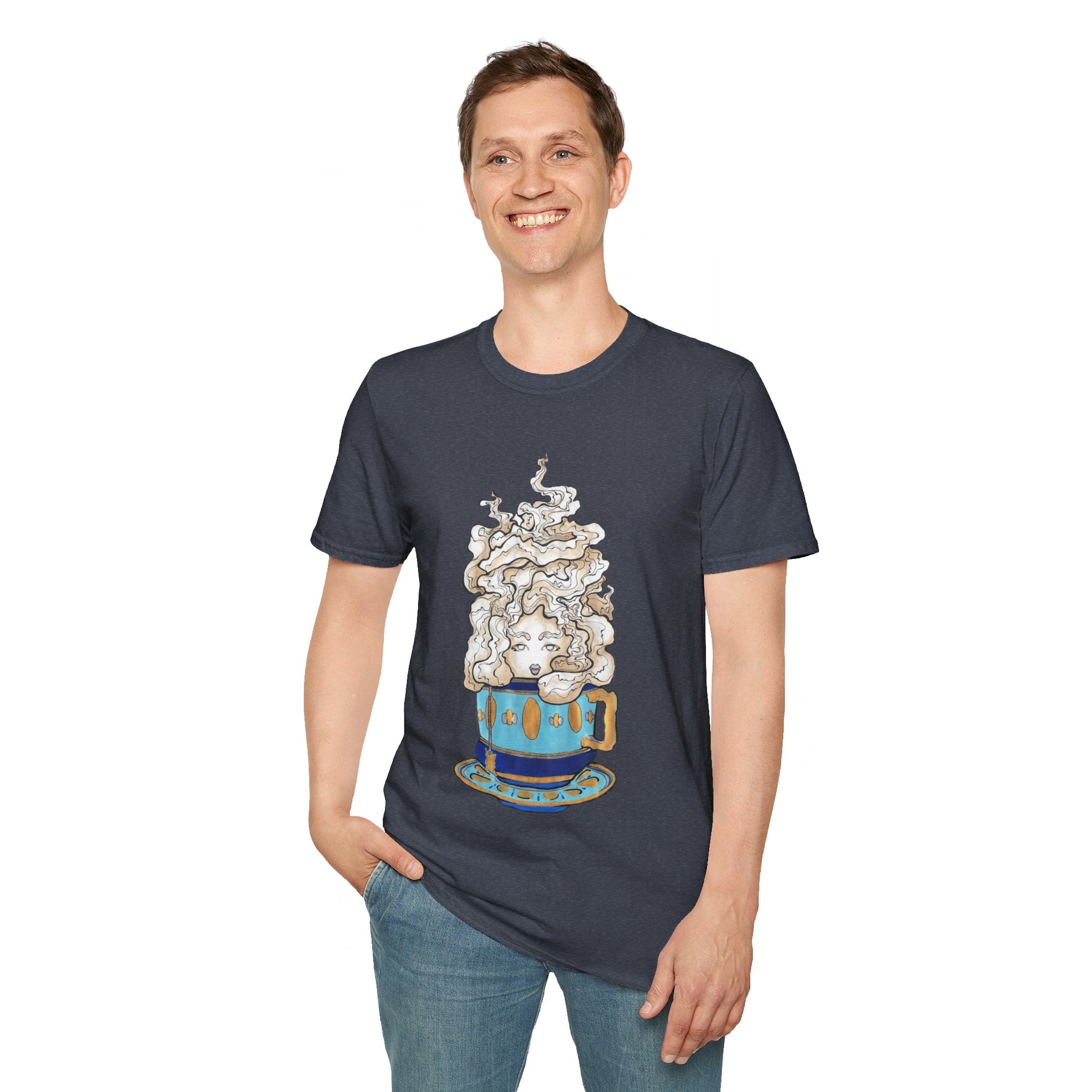 This is the Heather Navy Earl Grey Softstyle T-Shirt by Chris Foster Design. It comes in sizes XS-5XL. The illustration is of a gold, light blue and dark blue teacup with a tan, yellow and white steam. The steam is swirly and goes up and outwards. In the middle is a lady's face. A smiling man has his right hand in the jean pocket wearing the shirt and the other hand by his side. He is slightly looking to the left while standing against a white background.