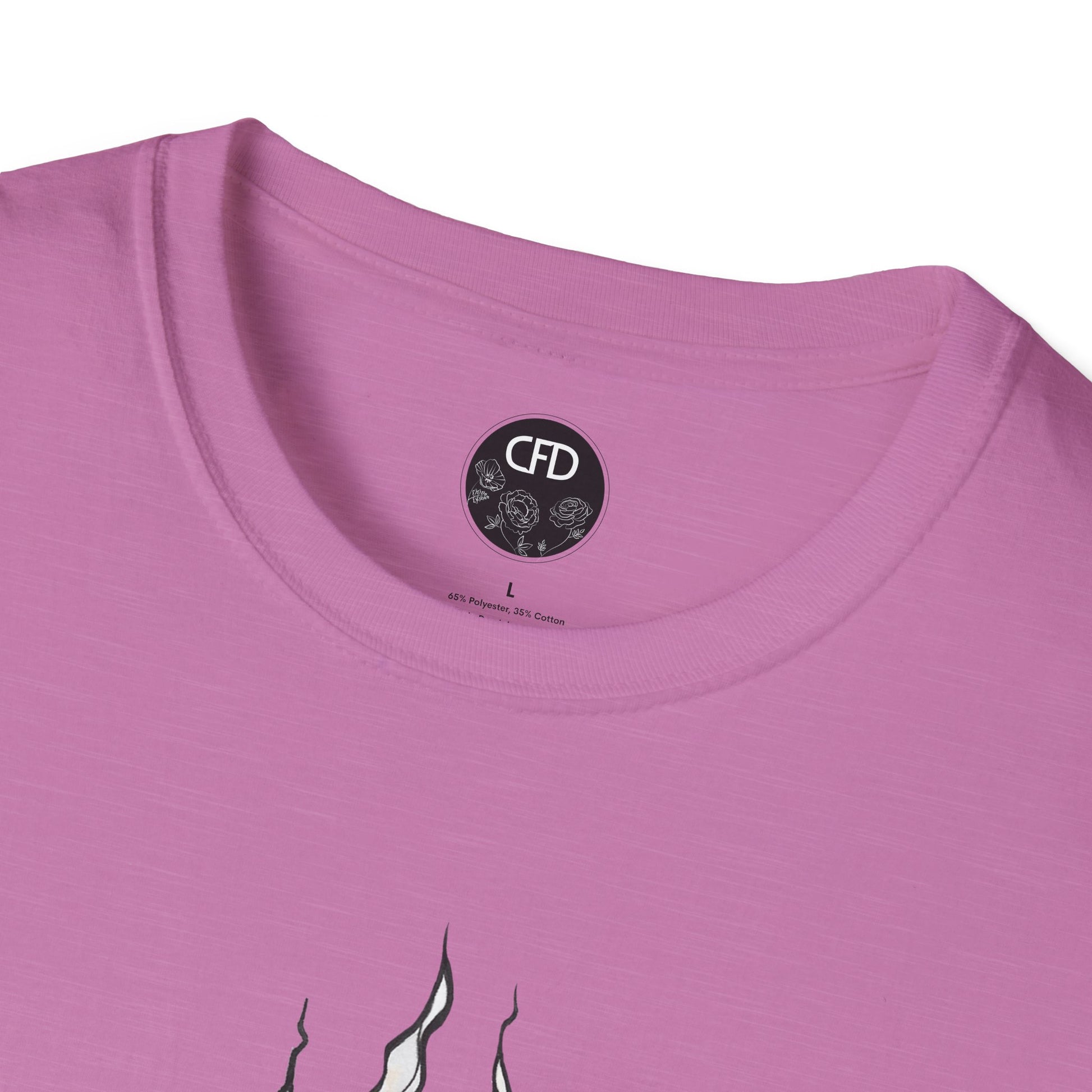 This is the Heather Radiant Orchid English Breakfast Tea T-Shirt by Chris Foster Design. It comes in sizes XS-5XL. This is a close up of the front with a circular CFD logo in white lettering and black background. The CFD logo and white flowers surrounding the bottom of the lettering. The size label is below the logo in black. From the closeup a little bit of the illustration is white wisps. The image is against a white background.