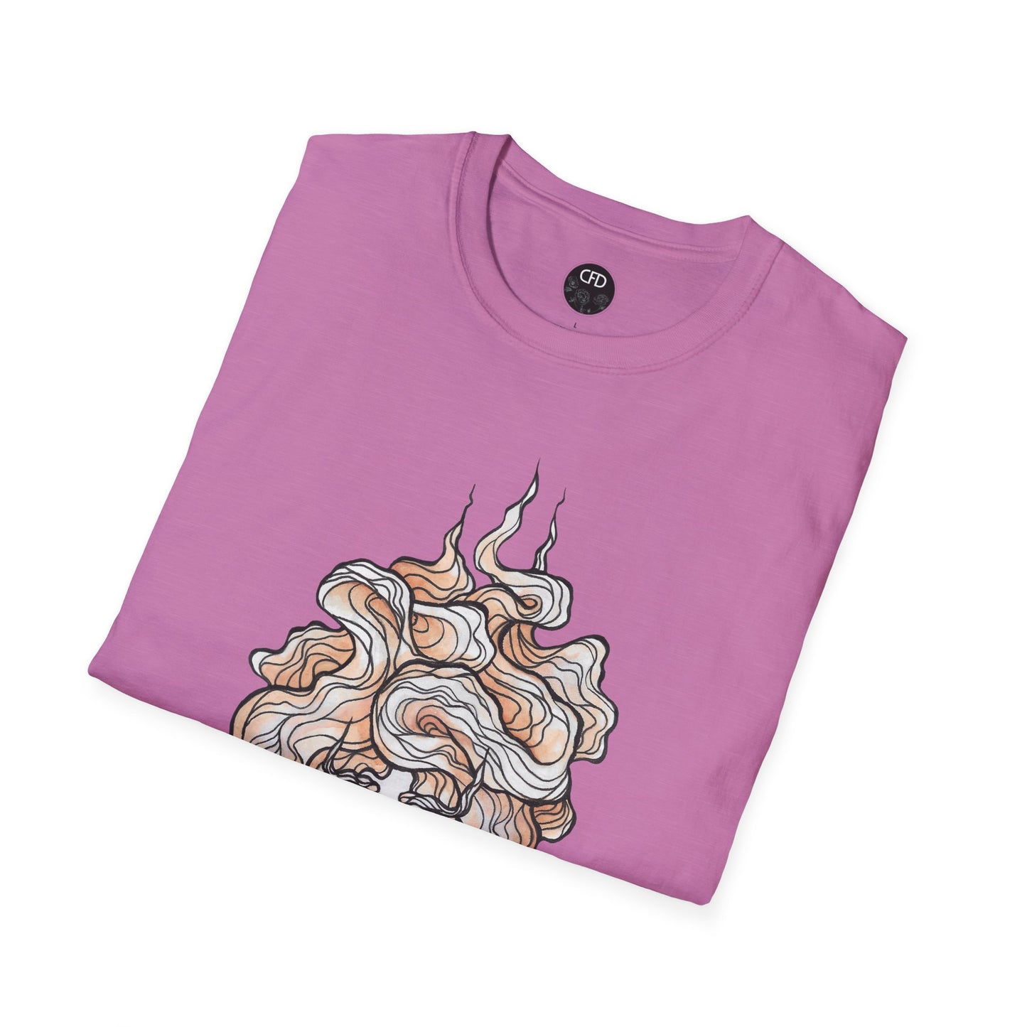 This is the Heather Radiant Orchid English Breakfast Tea T-Shirt by Chris Foster Design. It comes in sizes XS-5XL. This is an image of the shirt folded with a circular CFD logo in white lettering and black background. The size label is below the logo in black. The top of the English Breakfast Tea illustration which shows the mist swirling around in light pink, red and white. The shirt is against a white background.