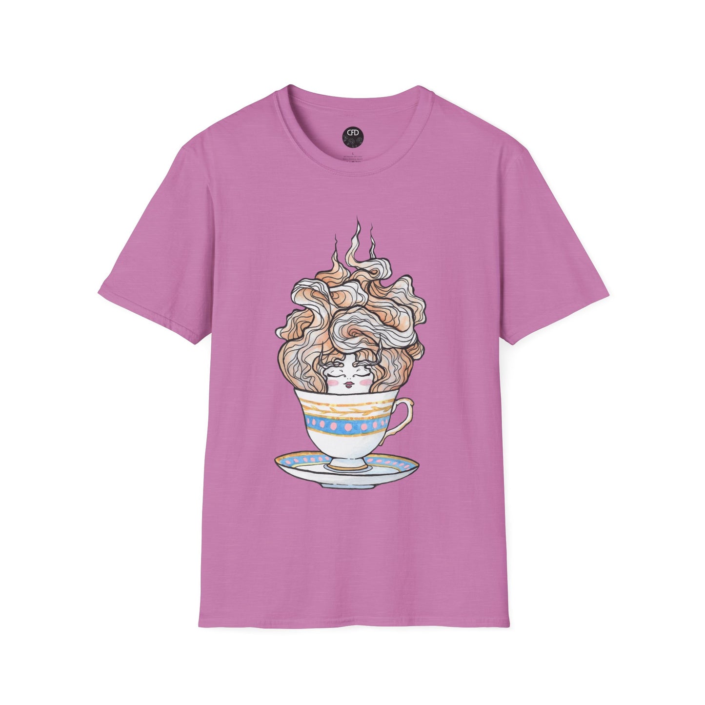 This is the Heather Radiant Orchid English Breakfast Tea T-Shirt by Chris Foster Design. It comes in sizes XS-5XL. This is an image of the front with a circular CFD logo in white lettering and black background. The size label is below the logo in black. A teacup that is light blue, yellow and white with light pink, white and red steam that is going upwards. There is a lady's face in the middle and beginning of the teacup with her eyes closed, red lips, blushing pink cheeks. and eyebrows that go upward. 