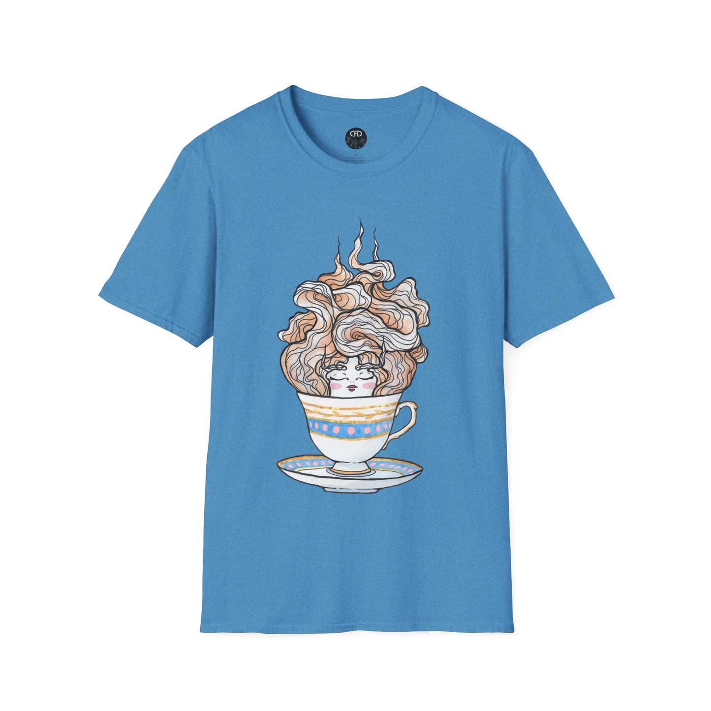 This is the Heather Sapphire English Breakfast Tea T-Shirt by Chris Foster Design. It comes in sizes XS-5XL. This is an image of the front with a circular CFD logo in white lettering and black background. The size label is below the logo in black. A teacup that is light blue, yellow and white with light pink, white and red steam that is going upwards. There is a lady's face in the middle and beginning of the teacup with her eyes closed, red lips, blushing pink cheeks. and eyebrows that go upward. 