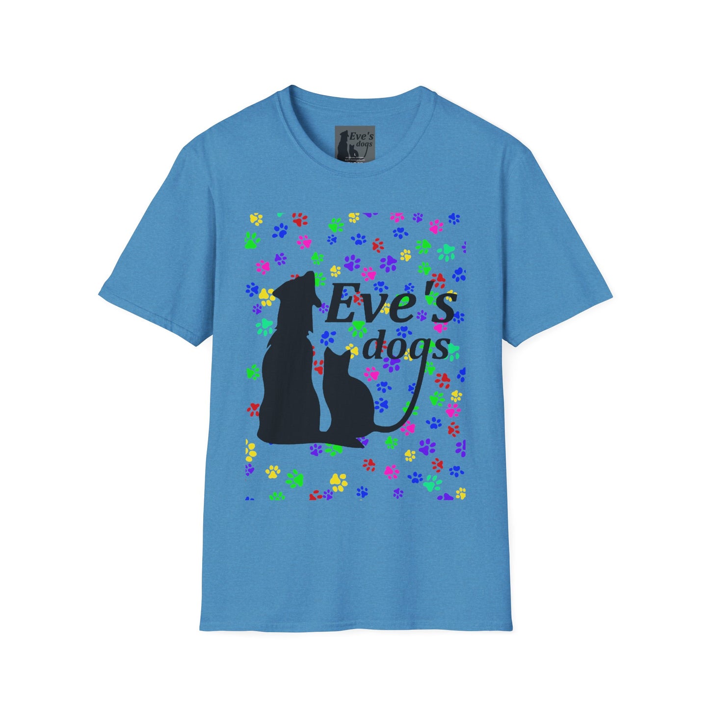 This is the Heather Sapphire Adopt Eve's Dogs T-Shirt. It comes in XS - 5XL. This is an image of the front of the shirt. The size label is a grey and black tag with a dog and cat with the "Eve's dogs" writing. The front has pink, green, blue, purple, red paw prints in different sizes. Also, the dog and cat with "Eve's dogs" printed in black. The illustration has a clear background so you see the paw prints, animals and the text print on color of shift. The shirt is against a white background.