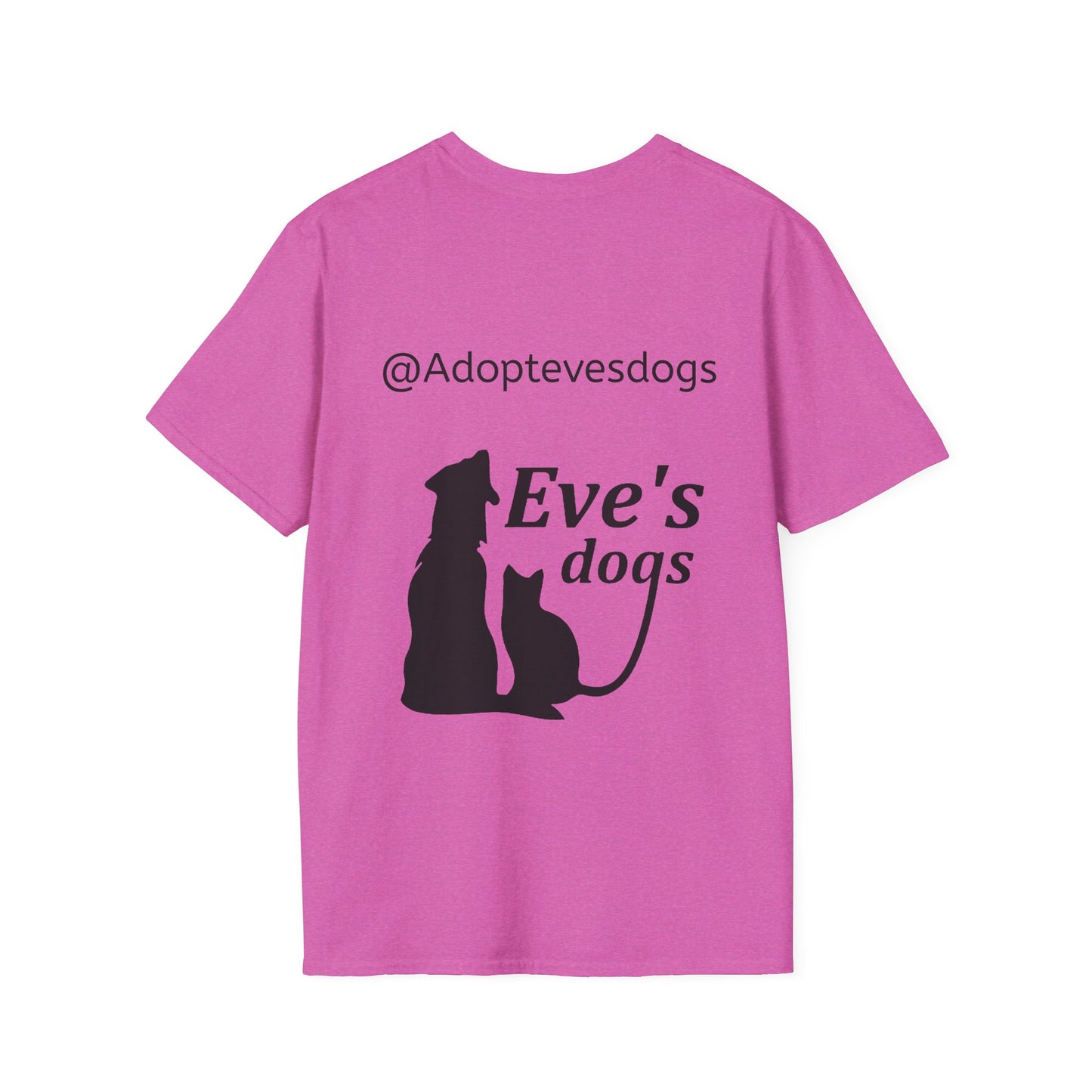 This is the Heather Berry Adopt Eve's Dogs T-Shirt. It comes in XS - 5XL. This is an image of the back of the shirt. On the back there is print in black saying, "@Adoptevesdogs" and "Eve's dogs". There is a dog and cat printed on the back too. It is against a white background.