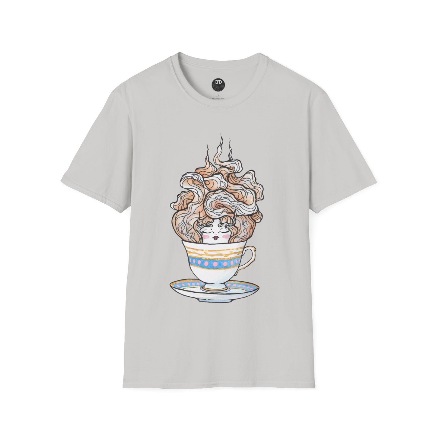 This is the Ice Grey English Breakfast Tea T-Shirt by Chris Foster Design. It comes in sizes XS-5XL. This is an image of the front with a circular CFD logo in white lettering and black background. The size label is below the logo in black. a teacup that is light blue, yellow and white with light pink, white and red steam that is going upwards. There is a lady's face in the middle and beginning of the teacup with her eyes closed, red lips, blushing pink cheeks. and eyebrows that go upward. 